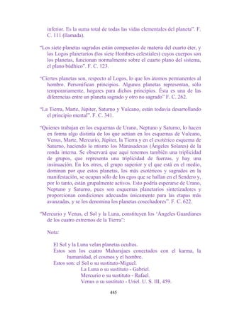 inferior. Es la suma total de todas las vidas elementales del planeta”. F.
   C. 111 (llamada).

“Los siete planetas sagrados están compuestos de materia del cuarto éter, y
   los Logos planetarios (los siete Hombres celestiales) cuyos cuerpos son
   los planetas, funcionan normalmente sobre el cuarto plano del sistema,
   el plano búdhico”. F. C. 123.

“Ciertos planetas son, respecto al Logos, lo que los átomos permanentes al
   hombre. Personifican principios. Algunos planetas representan, sólo
   temporariamente, hogares para dichos principios. Ésta es una de las
   diferencias entre un planeta sagrado y otro no sagrado” F. C. 262.

“La Tierra, Marte, Júpiter, Saturno y Vulcano, están todavía desarrollando
   el principio mental”. F. C. 341.

“Quienes trabajan en los esquemas de Urano, Neptuno y Saturno, lo hacen
  en forma algo distinta de los que actúan en los esquemas de Vulcano,
  Venus, Marte, Mercurio, Júpiter, la Tierra y en el exotérico esquema de
  Saturno, haciendo lo mismo los Manasadevas (Ángeles Solares) de la
  ronda interna. Se observará que aquí tenemos también una triplicidad
  de grupos, que representa una triplicidad de fuerzas, y hay una
  insinuación. En los otros, el grupo superior y el que está en el medio,
  dominan por que estos planetas, los más esotéricos y sagrados en la
  manifestación, se ocupan sólo de los egos que se hallan en el Sendero y,
  por lo tanto, están grupalmente activos. Esto podría esperarse de Urano,
  Neptuno y Saturno, pues son esquemas planetarios sintetizadores y
  proporcionan condiciones adecuadas únicamente para las etapas más
  avanzadas, y se los denomina los planetas cosechadores”. F. C. 622.

“Mercurio y Venus, el Sol y la Luna, constituyen los „Ángeles Guardianes
  de los cuatro extremos de la Tierra”:

   Nota:

      El Sol y la Luna velan planetas ocultos.
      Éstos son los cuatro Maharajaes conectados con el karma, la
            humanidad, el cosmos y el hombre.
      Estos son: el Sol o su sustituto-Miguel.
                   La Luna o su sustituto - Gabriel.
                   Mercurio o su sustituto - Rafael.
                   Venus o su sustituto - Uriel. U. S. III, 459.

                                 445
 
