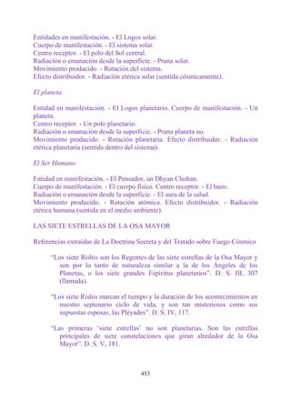 Entidades en manifestación. - El Logos solar.
Cuerpo de manifestación. - El sistema solar.
Centro receptor. - El polo del Sol central.
Radiación o emanación desde la superficie. - Prana solar.
Movimiento producido. - Rotación del sistema.
Efecto distribuidor. - Radiación etérica solar (sentida cósmicamente).

El planeta

Entidad en manifestación. - El Logos planetario. Cuerpo de manifestación. - Un
planeta.
Centro receptor. - Un polo planetario.
Radiación o emanación desde la superficie. - Prana planeta no.
Movimiento producido. - Rotación planetaria. Efecto distribuidor. - Radiación
etérica planetaria (sentida dentro del sistema).

El Ser Humano

Entidad en manifestación. - El Pensador, un Dhyan Chohan.
Cuerpo de manifestación. - El cuerpo físico. Centro receptor. - El bazo.
Radiación o emanación desde la superficie. - El aura de la salud.
Movimiento producido. - Rotación atómica. Efecto distribuidor. - Radiación
etérica humana (sentida en el medio ambiente).

LAS SIETE ESTRELLAS DE LA OSA MAYOR

Referencias extraídas de La Doctrina Secreta y del Tratado sobre Fuego Cósmico

      “Los siete Rishis son los Regentes de las siete estrellas de la Osa Mayor y
        son por lo tanto de naturaleza similar a la de los Ángeles de los
        Planetas, o los siete grandes Espíritus planetarios”. D. S. III, 307
        (llamada).

      “Los siete Rishis marcan el tiempo y la duración de los acontecimientos en
        nuestro septenario ciclo de vida, y son tan misteriosos como sus
        supuestas esposas, las Pléyades”. D. S. IV, 117.

      “Las primeras „siete estrellas‟ no son planetarias. Son las estrellas
         principales de siete constelaciones que giran alrededor de la Osa
         Mayor”. D. S. V, 181.



                                       453
 