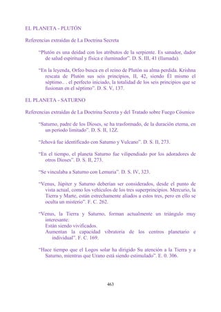 EL PLANETA - PLUTÓN

Referencias extraídas de La Doctrina Secreta

      “Plutón es una deidad con los atributos de la serpiente. Es sanador, dador
         de salud espiritual y física e iluminador”. D. S. III, 41 (llamada).

      “En la leyenda, Orfeo busca en el reino de Plutón su alma perdida. Krishna
        rescata de Plutón sus seis principios, II, 42, siendo Él mismo el
        séptimo.. . el perfecto iniciado, la totalidad de los seis principios que se
        fusionan en el séptimo”. D. S. V, 137.

EL PLANETA - SATURNO

Referencias extraídas de La Doctrina Secreta y del Tratado sobre Fuego Cósmico

      “Saturno, padre de los Dioses, se ha trasformado, de la duración eterna, en
         un período limitado”. D. S. II, 12Z.

      “Jehová fue identificado con Saturno y Vulcano”. D. S. II, 273.

      “En el tiempo, el planeta Saturno fue vilipendiado por los adoradores de
        otros Dioses”. D. S. II, 273.

      “Se vinculaba a Saturno con Lemuria”. D. S. IV, 323.

      “Venus, Júpiter y Saturno deberían ser considerados, desde el punto de
        vista actual, como los vehículos de los tres superprincipios. Mercurio, la
        Tierra y Marte, están estrechamente aliados a estos tres, pero en ello se
        oculta un misterio”. F. C. 262.

      “Venus, la Tierra y Saturno, forman actualmente un triángulo muy
        interesante:
        Están siendo vivificados.
        Aumentan la capacidad vibratoria de los centros planetario e
            individual”. F. C. 169.

      “Hace tiempo que el Logos solar ha dirigido Su atención a la Tierra y a
        Saturno, mientras que Urano está siendo estimulado”. E. 0. 306.




                                        463
 