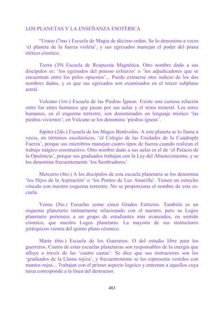 LOS PLANETAS Y LA ENSEÑANZA ESOTÉRICA

       “Urano (7mo.) Escuela de Magia de décimo orden. Se lo denomina a veces
„el planeta de la fuerza violeta‟, y sus egresados manejan el poder del prana
etérico cósmico.

        Tierra (39) Escuela de Respuesta Magnética. Otro nombre dado a sus
discípulos es: „los egresados del penoso esfuerzo‟ o „los adjudicadores que se
encuentran entre los polos opuestos‟... Puede extraerse otro indicio de los dos
nombres dados, y es que sus egresados son examinados en el tercer subplano
astral.

       Vulcano (1ro.) Escuela de las Piedras Ígneas. Existe una curiosa relación
entre los entes humanos que pasan por sus aulas y el reino mineral. Los entes
humanos, en el esquema terrestre, son denominados en lenguaje místico „las
piedras vivientes‟; en Vulcano se los denomina „piedras ígneas‟.

       Júpiter (2do.) Escuela de los Magos Benévolos. A este planeta se lo llama a
veces, en términos escolásticos, „el Colegio de las Unidades de la Cuádruple
Fuerza‟, porque sus miembros manejan cuatro tipos de fuerza cuando realizan el
trabajo mágico constructivo. Otro nombre dado a sus aulas es el de „el Palacio de
la Opulencia‟, porque sus graduados trabajan con la Ley del Abastecimiento, y se
los denomina frecuentemente „los Sembradores‟.

       Mercurio (4to.) A los discípulos de esta escuela planetaria se los denomina
„los Hijos de la Aspiración‟ o „los Puntos de Luz Amarilla‟. Tienen un estrecho
vínculo con nuestro esquema terrestre. No se proporciona el nombre de esta es-
cuela.

      Venus (5to.) Escuelas como cinco Grados Estrictos. También es un
esquema planetario íntimamente relacionado con el nuestro, pero su Logos
planetario pertenece a un grupo de estudiantes más avanzados, en sentido
cósmico, que nuestro Logos planetario. La mayoría de sus instructores
jerárquicos vienen del quinto plano cósmico.

       Marte (6to.) Escuela de los Guerreros. O del estudio libre para los
guerreros. Cuatro de estas escuelas planetarias son responsables de la energía que
afluye a través de las „cuatro castas‟. Se dice que sus instructores son los
„graduados de la Llama rojiza‟, y frecuentemente se los representa vestidos con
mantos rojos... Trabajan con el primer aspecto logoico y entrenan a aquellos cuya
tarea corresponde a la línea del destructor.


                                       483
 