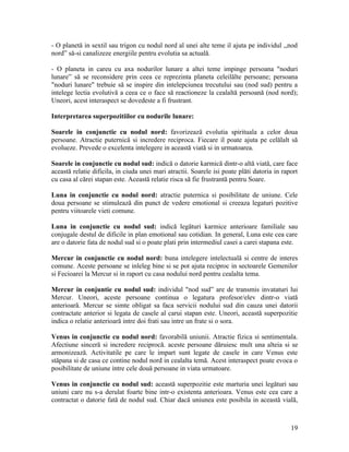 - O planetă in sextil sau trigon cu nodul nord al unei alte teme il ajuta pe individul ,,nod
nord” să-si canalizeze energiile pentru evolutia sa actuală.
- O planeta in careu cu axa nodurilor lunare a altei teme impinge persoana "noduri
lunare” să se reconsidere prin ceea ce reprezinta planeta celeilălte persoane; persoana
"noduri lunare" trebuie să se inspire din intelepciunea trecutului sau (nod sud) pentru a
intelege lectia evolutivă a ceea ce o face să reactioneze la cealaltă persoană (nod nord);
Uneori, acest interaspect se dovedeste a fi frustrant.
Interpretarea superpozitiilor cu nodurile lunare:
Soarele in conjunctie cu nodul nord: favorizează evolutia spirituala a celor doua
persoane. Atractie puternică si incredere reciproca. Fiecare il poate ajuta pe celălalt să
evolueze. Prevede o excelenta intelegere in această viată si in urmatoarea.
Soarele in conjunctie cu nodul sud: indică o datorie karmică dintr-o altă viată, care face
această relatie dificila, in ciuda unei mari atractii. Soarele isi poate plăti datoria in raport
cu casa al cărei stapan este. Această relatie risca să fie frustrantă pentru Soare.
Luna in conjunctie cu nodul nord: atractie puternica si posibilitate de uniune. Cele
doua persoane se stimulează din punct de vedere emotional si creeaza legaturi pozitive
pentru viitoarele vieti comune.
Luna in conjunctie cu nodul sud: indică legături karmice anterioare familiale sau
conjugale destul de dificile in plan emotional sau cotidian. In general, Luna este cea care
are o datorie fata de nodul sud si o poate plati prin intermediul casei a carei stapana este.
Mercur in conjunctie cu nodul nord: buna intelegere intelectuală si centre de interes
comune. Aceste persoane se inleleg bine si se pot ajuta reciproc in sectoarele Gemenilor
si Fecioarei la Mercur si in raport cu casa nodului nord pentru cealalta tema.
Mercur in conjuntie cu nodul sud: individul "nod sud” are de transmis invataturi lui
Mercur. Uneori, aceste persoane continua o legatura profesor/elev dintr-o viată
anterioară. Mercur se simte obligat sa faca servicii nodului sud din cauza unei datorii
contractate anterior si legata de casele al carui stapan este. Uneori, această superpozitie
indica o relatie anterioară intre doi frati sau intre un frate si o sora.
Venus in conjunctie cu nodul nord: favorabilă uniunii. Atractie fizica si sentimentala.
Afectiune sinceră si incredere reciprocă. aceste persoane dăruiesc mult una alteia si se
armonizează. Activitatile pe care le impart sunt legate de casele in care Venus este
stăpana si de casa ce contine nodul nord in cealalta temă. Acest interaspect poate evoca o
posibilitate de uniune intre cele două persoane in viata urmatoare.
Venus in conjunctie cu nodul sud: această superpozitie este marturia unei legături sau
uniuni care nu s-a derulat foarte bine intr-o existenta anterioara. Venus este cea care a
contractat o datorie fată de nodul sud. Chiar dacă uniunea este posibila in această vială,
19
 
