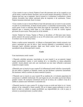 • Casa voastra in care se inscrie Neptun al unei alte persoane este un loc acoperit cu un
văl de mister, avand un farmec fascinant. este un sector propice deceptiilor si iluziilor. Cu
Neptun totul este vag si enigmatic. Insă el creează si o comuniune a sufletelorsi o latura
mistică, favorabile unei căutari spirituale pline de inspiratie si de sentimente. Totusi,
Neptun inseamna minciună, iluzie si eroare.
• Casa voastră, in care se inscrie Pluton al unei alte persoane este un sector in care aceasta
vă ajută să vă transformati, să lăsali trecutul pentru a vă deschide necunoscutului. Acest
sector poate fi trait in suferinta dacă sinteti prea legat de experientele voastre. Pluto vă
indrumă spre o renastere totala dupa ce v-ati desprins cu totul de vechile legaturi
prlvitoare la acest sector. Pluto joacă un rol de initiator.
Atentie: Studiul lui Uranus, Neptun si Pluton se dovedeste a fi fără prea mare interes
pentru oamenii din aceeasi generatie ce au un AS comun (căci, acesti trei astri vor cadea
in aceleasi case in celor doua teme).
Pentru a realiza aceste interpozitii, vă sfătuim sa fotocopiati harta voastră cerească si pe
aceea a persoanei pe care ati ales-o. Apoi inscrieti planetele si ascendentul vostru pe
fotocopia hartii celeilalte persoane, după care faceti acelasi lucru cu planetele si
ascendentul său pe fotocopia hartii voastre.
Casele
Cum reactioneaza casele voastre
• Planetele celeilalte persoane, inscriindu-se in casa voastră I, au un puternic impact
asupra personalitatii voastre si aveti tendinta de a va identifica cu natura planetelor
celuilalt. Aceste planete sunt cele care marchează cea mai mare influentă a persoanei
respective asupra voastra.
• Planetele care se inscriu in casa voastra II vă influentează simtul valorilor si posesiunile.
Ele pot indica o legatură cu finantele voastre sau pot declansa o puternica senzualitate.
De asemenea, indică o notiune de interes material si practic.
• Planetele care se inscriu in casa voastră III au tendinta de a vă stimula capacitatea de
comunicare si calitătile intelectuale. Ele sunt legate de scris, de studiu sau de dezvoltarea
gandirii voastre. De asemenea stimulează nevoia de vă misca, de a calători si/sau de a
umbla in cautarea unor informatii si cunostinte noi.
• Planetele inscrise in casa voastra IV vă ating in ceea ce există mai intim in voi. Aceste
planete vă fac vulnerabil si foarte sensibil. Ele au in impact asupra ambiantei in care vă
doriti să trăiti cu celălalt si asupra posibilitatii sau imposibilitătii de a trăi in pace si
armonie cu această persoană, in acelasi cămin.
29
 