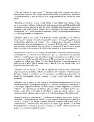 • Planetele inscrise in casa voastra V afectează capacitatile creatoare amoroase si
indeletnicirile din timpul liber. Aceste planete indică modul in care vă simtiti bine sau nu
cu aceasta persoana si tipul de atractie si de comportament care va rezulta din aceast
relatie.
• Planetele care se inscriu in casa voastră VI tind sa vă modifice viata cotidiana in bine
sau in rau. Aceasta influentă este puternică chiar cu opusul său, casa XII (axă karmică).
Fie aceasta persoana va ajuta să iesiti din rutina cotidiană si din limitările voastre si va
indeamna să vă purificati si să infloriti, fie va limiteaza si mai mult, blocandu-va si
frustrandu-vă. Fie vă simtiti stimulat in activitătile voastre, fie această persoană vă critica
si va descurajeazi in tot ce intreprindeti.
• Planetele aflate in casa voastră VII stimulează aspectul "oglinda", fie va retrimit o
imagine pozitivă despre voi insivă prin calitatile voastre - de care, astfel, puteti deveni
constient (daca planetele sunt pozitive) - fie va imping spre o repunere in discutie,
trimitandu-va o imagine negativă despre voi insivi prin defectele voastre (daca planetele
sunt negative). Aceste planete aduc un schimb, o impartasire de experiente in general
intime cu celălalt. Ele aduc nevoia de echilibru, de armonie si de uniune sau asociere.
• Planetele care se gasesc in casa voastra VIII va stimuleaza dorinta sexuala sau frustrarea
(Marte in primul caz si Saturn in al doilea). Ele va ajuta sa va transformati. De asemenea,
subliniaza posibilitatea de trezire spirituala sau de repunere in discutie a problemei mortii
sau reincarnirii sau al oricarui alt subiect ezoteric. Ele sunt legate de notiunile de putere si
posesiune. In acelasi timp, indica o legatura foarte profunda cu aceasta persoana (ca
astrele in casele VI si XII), de natura karmica. Soarele, Luna sau Venus indica aici o
dragoste datand dintr-o alta viata.
• Planetele care se inscriu in casa IX va influenteaza ideile de natura intelectuala,
religioasa, politica, filozofica, ezoterica sau spirituala. Ele va ajuta sa evoluati din punct
de vedere spiritual si sa infloriti sau va blocheaza si va indeparteaza de evolutie (in
functie de interaspecte). Aceasta persoana va poate orienta sau dirija. Calatorii
importante.
• Planetele care se gasesc in casa voastra X va schimba comportamentul social si va
influenteaza cariera. Aceste planete va ajuta sa va realizati din punct de vedere social si
sa va atingeti scopurile exterioare. Ele indica uneori o carieră impartasita cu persoana
respectivă. De asemenea, ele desemneaza tipul de ambitie, de imagine publica si de
cariera pe care doriti sa le duceti la bun sfarsit in raport cu aceasta persoana - care,
oricum, exercita o influenta asupra voastra si vă poate dirija din punct de vedere social.
• Planetele inscrise in casa voastra XI va influenteaza proiectele si sperantele, precum si
maniera de a concepe raporturile amicale. Aceasta persoană intretine raporturi prietenesti
cu voi si va ajuta sa va atingeti scopurile interioare. Prezenta unor planete slabe in
sectorul vostru Xl influenteaza tot felul de iluzii si deceptii legate de amici sau proiecte.
Planetele puternice favorizează prietenia, realizarea proiectelor, relatiile in cadrul unor
grupuri sau asociatii si scopurile umanitare.
30
 