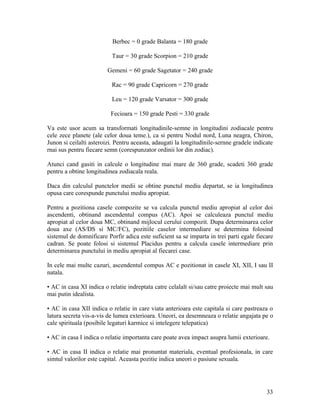 Berbec = 0 grade Balanta = 180 grade
Taur = 30 grade Scorpion = 210 grade
Gemeni = 60 grade Sagetator = 240 grade
Rac = 90 grade Capricorn = 270 grade
Leu = 120 grade Varsator = 300 grade
Fecioara = 150 grade Pesti = 330 grade
Va este usor acum sa transformati longitudinile-semne in longitudini zodiacale pentru
cele zece planete (ale celor doua teme.), ca si pentru Nodul nord, Luna neagra, Chiron,
Junon si ceilalti asteroizi. Pentru aceasta, adaugati la longitudinile-sernne gradele indicate
rnai sus pentru fiecare semn (corespunzator ordinii lor din zodiac).
Atunci cand gasiti in calcule o longitudine mai mare de 360 grade, scadeti 360 grade
pentru a obtine longitudinea zodiacala reala.
Daca din calculul punctelor medii se obtine punctul mediu departat, se ia longitudinea
opusa care corespunde punctului mediu apropiat.
Pentru a pozitiona casele compozite se va calcula punctul mediu apropiat al celor doi
ascendenti, obtinand ascendentul compus (AC). Apoi se calculeaza punctul mediu
apropiat al celor doua MC, obtinand mijlocul cerului compozit. Dupa determinarea celor
doua axe (AS/DS si MC/FC), pozitiile caselor intermediare se determina folosind
sistemul de domnificare Porfir adica este suficient sa se imparta in trei parti egale fiecare
cadran. Se poate folosi si sistemul Placidus pentru a calcula casele intermediare prin
determinarea punctului in mediu apropiat al fiecarei case.
In cele mai multe cazuri, ascendentul compus AC e pozitionat in casele XI, XII, I sau II
natala.
• AC in casa XI indica o relatie indreptata catre celalalt si/sau catre proiecte mai mult sau
mai putin idealista.
• AC in casa XII indica o relatie in care viata anterioara este capitala si care pastreaza o
latura secreta vis-a-vis de lumea exterioara. Uneori, ea desemneaza o relatie angajata pe o
cale spirituala (posibile legaturi karmice si intelegere telepatica)
• AC in casa I indica o relatie importanta care poate avea impact asupra lumii exterioare.
• AC in casa II indica o relatie mai pronuntat materiala, eventual profesionala, in care
simtul valorilor este capital. Aceasta pozitie indica uneori o pasiune sexuala.
33
 