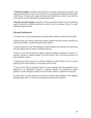 • Nodul sud compus: marcheaza trecutul karmic al relatiei, adica tipul de energie si de
experienta relationala pe care cei doi indivizi le-au experimentat impreuna intr-una dintre
vietile trecute. In acest sector, apare necesitatea unei transformari, pentru a trece de la un
nivel egoist la un nivel spiritual (marcat prin nodul nord).
• Punctul norocului campus: reprezinta o fericire materiala comuna care este cautata de
cuplu. Ea permite o inflorire materiala in sectorul in care se situeaza. Este un loc unde
cuplul poate gasi fericirea.
Informatii suplimentare:
• Un Soare (sau o Luna) neaspectat(a) este foarte defavorabil(a) oricarei forme de relatie.
• Soarele, Luna sau Venus cu numeroase aspecte stresante (mai ales careuri) constituie un
indiciu al discordiei si conflictelor pentru toate relatiile.
• Luna sau Soarele in casa VIII subliniaza o relatie capitala care schimba viata celor doua
persoane (adesea este un indiciu al intalnirii karmice).
• Saturn in casa XII este destul de delicat, indicand sentimente reprimate, frustrari si o
puternica tensiune in cadrul cuplului. El devine pozitiv daca cele doua persoane au o
traire spirituala comuna.
• Aspectele lui Chiron arata ceea ce trebuie schimbat in cadrul relatiei si ceea ce-i poate
ajuta pe cei doi indivizi pentru a evolua gratie acestei relatii.
• Cine este cine? Intr-un compozit, Soarele si Luna reprezinta cele doua persoane si este
important sa le determinam. Semnul si aspectele planetei care desemneaza fiecare
partener vor oferi o imagine a felului in care el traieste relatia si a aportului sau specific.
In afara relatiei de cuplu, Soarele nu reprezinta in toate cazurile barbatul, ci mai degraba
persoana yang, activa, in timp ce Luna reprezinta persoana yin, receptiva.
40
 