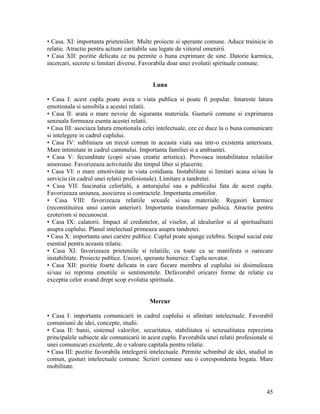 • Casa. XI: importanta prieteniilor. Multe proiecte si sperante comune. Aduce trainicie in
relatie. Atractie pentru actiuni caritabile sau legate de viitorul omenirii.
• Casa XII: pozitie delicata ce nu permite o buna exprimare de sine. Datorie karmica,
incercari, secrete si limitari diverse. Favorabila doar unei evolutii spirituale comune.
Luna
• Casa I: acest cuplu poate avea o viata publica si poate fi popular. Intareste latura
emotionala si sensibila a acestei relatii.
• Casa II: arata o mare nevoie de siguranta materiala. Gusturii comune si exprimarea
senzuala formeaza esenta acestei relatii.
• Casa III: asociaza latura emotionala celei intelectuale, cee ce duce la o buna comunicare
si intelegere in cadrul cuplului.
• Casa IV: subliniaza un trecut comun in aceasta viata sau intr-o existenta anterioara.
Mare intimitate in cadrul caminului. Importanta familiei si a ambiantei.
• Casa V: fecunditate (copii si/sau creatie artistica). Provoaca instabilitatea relatiilor
amoroase. Favorizeaza activitatile din timpul liber si placerite.
• Casa VI: o mare emotivitate in viata cotidiana. Instabilitate si limitari acasa si/sau la
serviciu (in cadrul unei relatii profesionale). Limitare a tandretei.
• Casa VII: fascinatia celorlalti, a anturajului sau a publicului fata de acest cuplu.
Favorizeaza uniunea, asocierea si contractele. Importanta emotiilor.
• Casa VIII: favorizeaza relatiile sexuale si/sau materiale. Regasiri karmice
(reconstituirea unui camin anterior). Importanta transformare psihica. Atractie pentru
ezoterism si necunoscut.
• Casa IX: calatorii. Impact al credintelor, al viselor, al idealurilor si al spiritualitatii
asupra cuplului. Planul intelectual primeaza asupra tandretei.
• Casa X: importanta unei cariere publice. Cuplul poate ajunge celebru. Scopul social este
esential pentru aceasta relatie.
• Casa XI: favorizeaza prieteniile si relatiile, cu toate ca se manifesta o oarecare
instabilitate. Proiecte publice. Uneori, sperante himerice. Cuplu novator.
• Casa XII: pozitie foarte delicata in care fiecare membru al cuplului isi disimuleaza
si/sau isi reprima emotiile si sentimentele. Defavorabil oricarei forme de relatie cu
exceptia celor avand drept scop evolutia spirituala.
Mercur
• Casa I: importanta comunicarii in cadrul cuplului si afinitati intelectuale. Favorabil
comuniunii de idei, concepte, studii.
• Casa II: banii, sistemul valorilor, securitatea, stabilitatea si senzualitatea reprezinta
principalele subiecte ale comunicarii in acest cuplu. Favorabila unei relatii profesionale si
unei comunicari excelente, de o valoare capitala pentru relatie.
• Casa III: pozitie favorabila intelegerii intelectuale. Permite scbimbul de idei, studiul in
comun, gusturi intelectuale comune. Scrieri comune sau o corespondenta bogata. Mare
mobilitate.
45
 