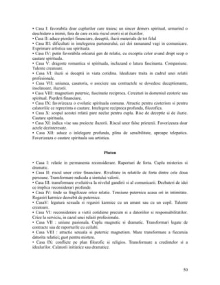 • Casa I: favorabila doar cuplurilor care traiesc un sincer demers spiritual, urmarind o
deschidere a inimii, fara de care exista riscul erorii si at iluziilor.
• Casa II: aduce pierderi financiare, deceptii, iluzii materiale de tot felul
• Casa III: dificultati in intelegerea partenerului, cei doi ramanand vagi in comunicare.
Exprimare artistica sau spirituala.
• Casa IV: putin favorabila oricarui gen de relatie, cu exceptia celor avand drept scop o
cautare spirituala.
• Casa V: dragoste romantica si spirituala, incluzand o latura fascinanta. Compasiune.
Talente creatoare.
• Casa VI: iluzii si deceptii in viata cotidina. Idealizare traita in cadrul unei relatii
profesionale.
• Casa VII: uniunea, casatoria, o asociere sau contractele se dovedesc deceptionante,
inselatoare, iluzorii.
• Casa VIII: magnetism puternic, fascinatie reciproca. Cercetari in domeniul ezoteric sau
spiritual. Pierderi financiare.
• Casa IX: favorizeaza o evolutie spirituala comuna. Atractie pentru ezoterism si pentru
calatoriile ce reprezinta o cautare. Intelegere reciproca profunda, filozofica.
• Casa X: scopul acestei relatii pare neclar pentru cuplu. Risc de deceptie si de iluzie.
Cautare spirituala.
• Casa XI: indica vise sau proiecte iluzorii. Riscul unor false prietenii. Favorizeaza doar
actele dezinteresate.
• Casa XII: aduce o inlelegere profunda, plina de sensibilitate, aproape telepatica.
Favorizeaza o cautare spirituala sau artistica.
Pluton
• Casa I: relatie in permanenta reconsiderare. Raporturi de forta. Cuplu misterios si
dramatic.
• Casa II: riscul unor crize financiare. Rivalitate in relatiile de forta dintre cele doua
persoane. Transformare radicala a simtului valorii.
• Casa III: transformare evoluitiva la nivelul gandirii si al comunicarii. Dezbateri de idei
ce implica reconsiderari profunde.
• Casa IV: tinde sa fragilizeze orice relatie. Tensiune puternica acasa ori in intimitate.
Regasiri karmice deosebit de puternice.
• CasaV: legatura sexuala si regasiri karmice cu un amant sau cu un copil. Talente
creatoare.
• Casa VI: reconsiderare a vietii cotidiene precum si a datoriilor si responsabilitatilor.
Crize la serviciu, in cazul unei relaiti profesionale.
• Casa VII : uniune pasionala. Cuplu magnetic si dramatic. Transformari legate de
contracte sau de raporturile cu ceilalti.
• Casa VIII : atractie sexuala si puternic magnetism. Mare transformare a fiecaruia
datorita relatiei; gust pentru mistere.
• Casa IX: conflicte pe plan filozofic si religios. Transformare a credintelor si a
idealurilor. Calatorii initiatice sau dramatice.
50
 