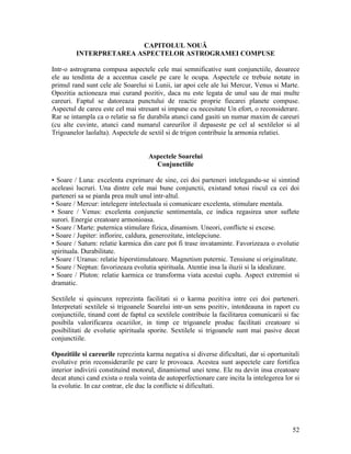 CAPITOLUL NOUĂ
INTERPRETAREA ASPECTELOR ASTROGRAMEI COMPUSE
Intr-o astrograma compusa aspectele cele mai semnificative sunt conjunctiile, deoarece
ele au tendinta de a accentua casele pe care le ocupa. Aspectele ce trebuie notate in
primul rand sunt cele ale Soarelui si Lunii, iar apoi cele ale lui Mercur, Venus si Marte.
Opozitia actioneaza mai curand pozitiv, daca nu este legata de unul sau de mai multe
careuri. Faptul se datoreaza punctului de reactie proprie fiecarei planete compuse.
Aspectul de careu este cel mai stresant si impune cu necesitate Un efort, o reconsiderare.
Rar se intampla ca o relatie sa fie durabila atunci cand gasiti un numar maxim de careuri
(cu alte cuvinte, atunci cand numarul careurilor il depaseste pe cel al sextilelor si al
Trigoanelor laolalta). Aspectele de sextil si de trigon contribuie la armonia relatiei.
Aspectele Soarelui
Conjunctiile
• Soare / Luna: excelenta exprimare de sine, cei doi parteneri intelegandu-se si simtind
aceleasi lucruri. Una dintre cele mai bune conjunctii, existand totusi riscul ca cei doi
parteneri sa se piarda prea mult unul intr-altul.
• Soare / Mercur: intelegere intelectuala si comunicare excelenta, stimulare mentala.
• Soare / Venus: excelenta conjunctie sentimentala, ce indica regasirea unor suflete
surori. Energie creatoare armonioasa.
• Soare / Marte: puternica stimulare fizica, dinamism. Uneori, conflicte si excese.
• Soare / Jupiter: inflorire, caldura, generozitate, intelepciune.
• Soare / Saturn: relatie karmica din care pot fi trase invataminte. Favorizeaza o evolutie
spirituala. Durabilitate.
• Soare / Uranus: relatie hiperstimulatoare. Magnetism puternic. Tensiune si originalitate.
• Soare / Neptun: favorizeaza evolutia spirituala. Atentie insa la iluzii si la idealizare.
• Soare / Pluton: relatie karmica ce transforma viata acestui cuplu. Aspect extremist si
dramatic.
Sextilele si quincunx reprezinta facilitati si o karma pozitiva intre cei doi parteneri.
Interpretati sextilele si trigoanele Soarelui intr-un sens pozitiv, intotdeauna in raport cu
conjunctiile, tinand cont de faptul ca sextilele contribuie la facilitarea comunicarii si fac
posibila valorificarea ocaziilor, in timp ce trigoanele produc facilitati creatoare si
posibilitati de evolutie spirituala sporite. Sextilele si trigoanele sunt mai pasive decat
conjunctiile.
Opozitiile si careurile reprezinta karma negativa si diverse dificultati, dar si oportunitali
evolutive prin reconsiderarile pe care le provoaca. Acestea sunt aspectele care fortifica
interior indivizii constituind motorul, dinamisrnul unei teme. Ele nu devin insa creatoare
decat atunci cand exista o reala vointa de autoperfectionare care incita la intelegerea lor si
la evolutie. In caz contrar, ele duc la conflicte si dificultati.
52
 