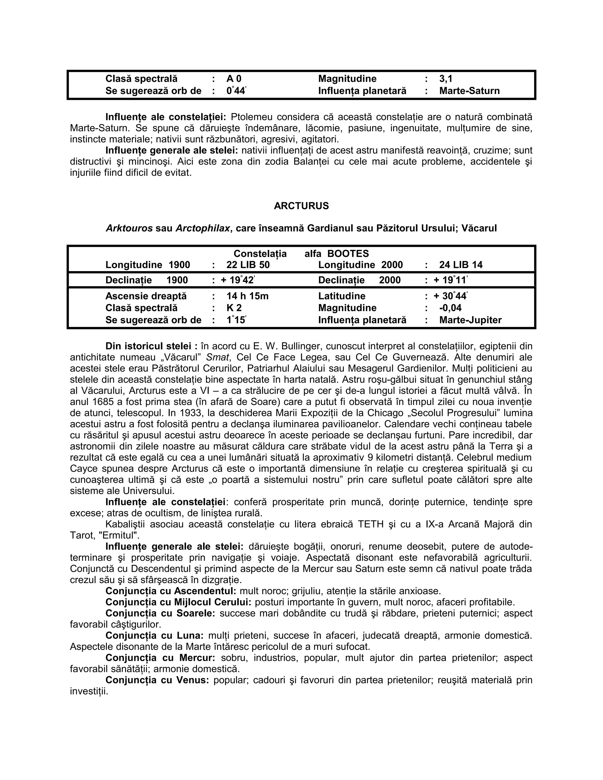 Clasă spectrală : A 0 Magnitudine : 3,1
Se sugerează orb de : 0°
44’
Influenţa planetară : Marte-Saturn
Influenţe ale constelaţiei: Ptolemeu considera că această constelaţie are o natură combinată
Marte-Saturn. Se spune că dăruieşte îndemânare, lăcomie, pasiune, ingenuitate, mulţumire de sine,
instincte materiale; nativii sunt răzbunători, agresivi, agitatori.
Influenţe generale ale stelei: nativii influenţaţi de acest astru manifestă reavoinţă, cruzime; sunt
distructivi şi mincinoşi. Aici este zona din zodia Balanţei cu cele mai acute probleme, accidentele şi
injuriile fiind dificil de evitat.
ARCTURUS
Arktouros sau Arctophilax, care înseamnă Gardianul sau Păzitorul Ursului; Văcarul
Constelaţia alfa BOOTES
Longitudine 1900 : 22 LIB 50 Longitudine 2000 : 24 LIB 14
Declinaţie 1900 : + 19°
42’
Declinaţie 2000 : + 19°
11’
Ascensie dreaptă : 14 h 15m Latitudine : + 30°
44’
Clasă spectrală : K 2 Magnitudine : -0,04
Se sugerează orb de : 1°
15’
Influenţa planetară : Marte-Jupiter
Din istoricul stelei : în acord cu E. W. Bullinger, cunoscut interpret al constelaţiilor, egiptenii din
antichitate numeau „Văcarul” Smat, Cel Ce Face Legea, sau Cel Ce Guvernează. Alte denumiri ale
acestei stele erau Păstrătorul Cerurilor, Patriarhul Alaiului sau Mesagerul Gardienilor. Mulţi politicieni au
stelele din această constelaţie bine aspectate în harta natală. Astru roşu-gălbui situat în genunchiul stâng
al Văcarului, Arcturus este a VI – a ca strălucire de pe cer şi de-a lungul istoriei a făcut multă vâlvă. În
anul 1685 a fost prima stea (în afară de Soare) care a putut fi observată în timpul zilei cu noua invenţie
de atunci, telescopul. In 1933, la deschiderea Marii Expoziţii de la Chicago „Secolul Progresului” lumina
acestui astru a fost folosită pentru a declanşa iluminarea pavilioanelor. Calendare vechi conţineau tabele
cu răsăritul şi apusul acestui astru deoarece în aceste perioade se declanşau furtuni. Pare incredibil, dar
astronomii din zilele noastre au măsurat căldura care străbate vidul de la acest astru până la Terra şi a
rezultat că este egală cu cea a unei lumânări situată la aproximativ 9 kilometri distanţă. Celebrul medium
Cayce spunea despre Arcturus că este o importantă dimensiune în relaţie cu creşterea spirituală şi cu
cunoaşterea ultimă şi că este „o poartă a sistemului nostru” prin care sufletul poate călători spre alte
sisteme ale Universului.
Influenţe ale constelaţiei: conferă prosperitate prin muncă, dorinţe puternice, tendinţe spre
excese; atras de ocultism, de liniştea rurală.
Kabaliştii asociau această constelaţie cu litera ebraică TETH şi cu a IX-a Arcană Majoră din
Tarot, "Ermitul".
Influenţe generale ale stelei: dăruieşte bogăţii, onoruri, renume deosebit, putere de autode-
terminare şi prosperitate prin navigaţie şi voiaje. Aspectată disonant este nefavorabilă agriculturii.
Conjunctă cu Descendentul şi primind aspecte de la Mercur sau Saturn este semn că nativul poate trăda
crezul său şi să sfârşească în dizgraţie.
Conjuncţia cu Ascendentul: mult noroc; grijuliu, atenţie la stările anxioase.
Conjuncţia cu Mijlocul Cerului: posturi importante în guvern, mult noroc, afaceri profitabile.
Conjuncţia cu Soarele: succese mari dobândite cu trudă şi răbdare, prieteni puternici; aspect
favorabil câştigurilor.
Conjuncţia cu Luna: mulţi prieteni, succese în afaceri, judecată dreaptă, armonie domestică.
Aspectele disonante de la Marte întăresc pericolul de a muri sufocat.
Conjuncţia cu Mercur: sobru, industrios, popular, mult ajutor din partea prietenilor; aspect
favorabil sănătăţii; armonie domestică.
Conjuncţia cu Venus: popular; cadouri şi favoruri din partea prietenilor; reuşită materială prin
investiţii.
 