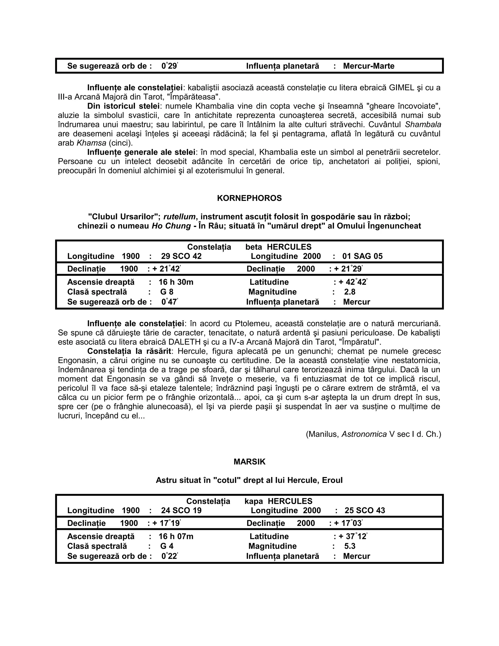 Se sugerează orb de : 0°
29’
Influenţa planetară : Mercur-Marte
Influenţe ale constelaţiei: kabaliştii asociază această constelaţie cu litera ebraică GIMEL şi cu a
III-a Arcană Majoră din Tarot, "Împărăteasa".
Din istoricul stelei: numele Khambalia vine din copta veche şi înseamnă "gheare încovoiate",
aluzie la simbolul svasticii, care în antichitate reprezenta cunoaşterea secretă, accesibilă numai sub
îndrumarea unui maestru; sau labirintul, pe care îl întâlnim la alte culturi străvechi. Cuvântul Shambala
are deasemeni acelaşi înţeles şi aceeaşi rădăcină; la fel şi pentagrama, aflată în legătură cu cuvântul
arab Khamsa (cinci).
Influenţe generale ale stelei: în mod special, Khambalia este un simbol al penetrării secretelor.
Persoane cu un intelect deosebit adâncite în cercetări de orice tip, anchetatori ai poliţiei, spioni,
preocupări în domeniul alchimiei şi al ezoterismului în general.
KORNEPHOROS
"Clubul Ursarilor"; rutellum, instrument ascuţit folosit în gospodărie sau în război;
chinezii o numeau Ho Chung - În Râu; situată în "umărul drept" al Omului Îngenuncheat
Constelaţia beta HERCULES
Longitudine 1900 : 29 SCO 42 Longitudine 2000 : 01 SAG 05
Declinaţie 1900 : + 21°
42’
Declinaţie 2000 : + 21°
29’
Ascensie dreaptă : 16 h 30m Latitudine : + 42°
42’
Clasă spectrală : G 8 Magnitudine : 2.8
Se sugerează orb de : 0°
47’
Influenţa planetară : Mercur
Influenţe ale constelaţiei: în acord cu Ptolemeu, această constelaţie are o natură mercuriană.
Se spune că dăruieşte tărie de caracter, tenacitate, o natură ardentă şi pasiuni periculoase. De kabalişti
este asociată cu litera ebraică DALETH şi cu a IV-a Arcană Majoră din Tarot, "Împăratul".
Constelaţia la răsărit: Hercule, figura aplecată pe un genunchi; chemat pe numele grecesc
Engonasin, a cărui origine nu se cunoaşte cu certitudine. De la această constelaţie vine nestatornicia,
îndemânarea şi tendinţa de a trage pe sfoară, dar şi tâlharul care terorizează inima târgului. Dacă la un
moment dat Engonasin se va gândi să înveţe o meserie, va fi entuziasmat de tot ce implică riscul,
pericolul îl va face să-şi etaleze talentele; îndrăznind paşi înguşti pe o cărare extrem de strâmtă, el va
călca cu un picior ferm pe o frânghie orizontală... apoi, ca şi cum s-ar aştepta la un drum drept în sus,
spre cer (pe o frânghie alunecoasă), el îşi va pierde paşii şi suspendat în aer va susţine o mulţime de
lucruri, începând cu el...
(Manilus, Astronomica V sec I d. Ch.)
MARSIK
Astru situat în "cotul" drept al lui Hercule, Eroul
Constelaţia kapa HERCULES
Longitudine 1900 : 24 SCO 19 Longitudine 2000 : 25 SCO 43
Declinaţie 1900 : + 17°
19’
Declinaţie 2000 : + 17°
03’
Ascensie dreaptă : 16 h 07m Latitudine : + 37°
12’
Clasă spectrală : G 4 Magnitudine : 5.3
Se sugerează orb de : 0°
22’
Influenţa planetară : Mercur
 
