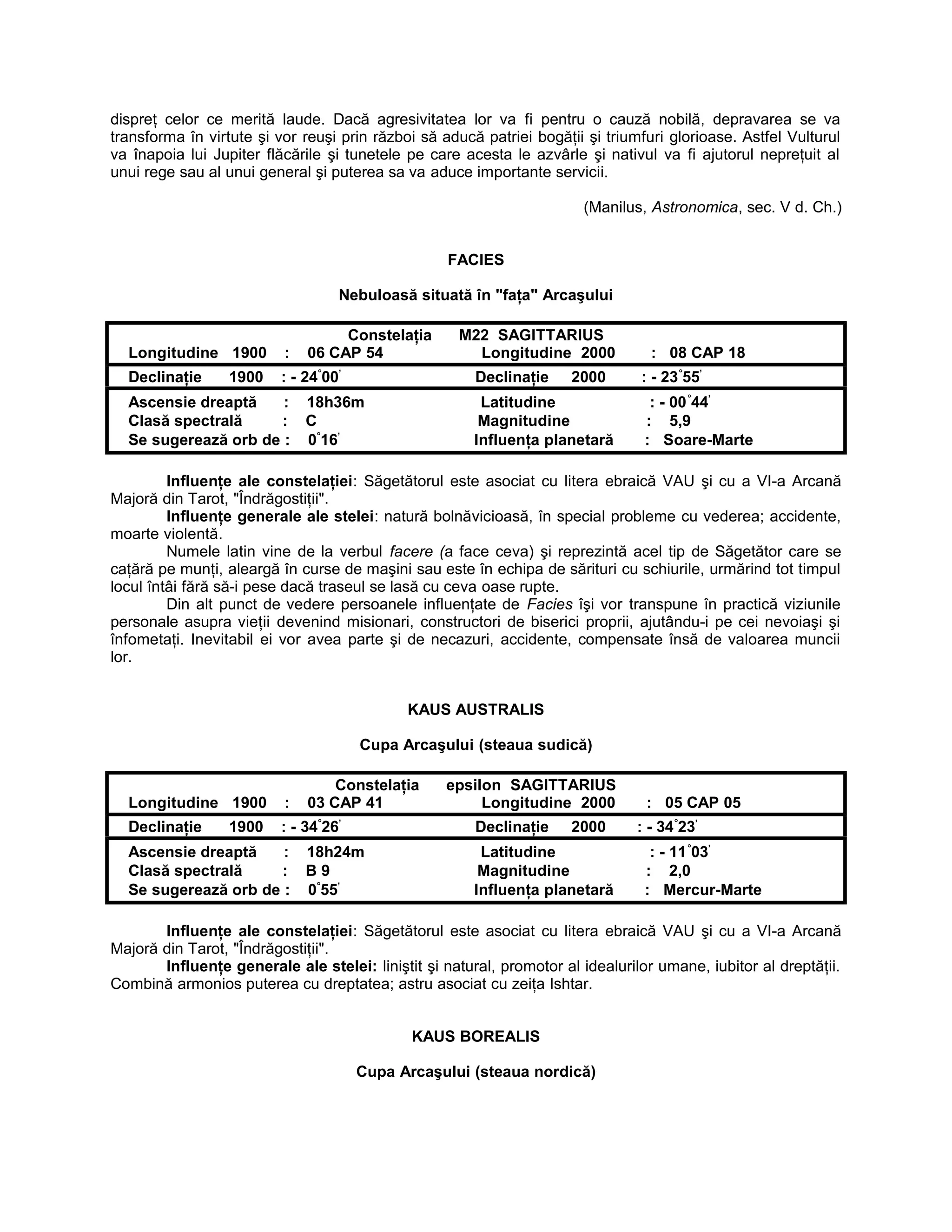 dispreţ celor ce merită laude. Dacă agresivitatea lor va fi pentru o cauză nobilă, depravarea se va
transforma în virtute şi vor reuşi prin război să aducă patriei bogăţii şi triumfuri glorioase. Astfel Vulturul
va înapoia lui Jupiter flăcările şi tunetele pe care acesta le azvârle şi nativul va fi ajutorul nepreţuit al
unui rege sau al unui general şi puterea sa va aduce importante servicii.
(Manilus, Astronomica, sec. V d. Ch.)
FACIES
Nebuloasă situată în "faţa" Arcaşului
Constelaţia M22 SAGITTARIUS
Longitudine 1900 : 06 CAP 54 Longitudine 2000 : 08 CAP 18
Declinaţie 1900 : - 24°
00’
Declinaţie 2000 : - 23°
55’
Ascensie dreaptă : 18h36m Latitudine : - 00°
44’
Clasă spectrală : C Magnitudine : 5,9
Se sugerează orb de : 0°
16’
Influenţa planetară : Soare-Marte
Influenţe ale constelaţiei: Săgetătorul este asociat cu litera ebraică VAU şi cu a VI-a Arcană
Majoră din Tarot, "Îndrăgostiţii".
Influenţe generale ale stelei: natură bolnăvicioasă, în special probleme cu vederea; accidente,
moarte violentă.
Numele latin vine de la verbul facere (a face ceva) şi reprezintă acel tip de Săgetător care se
caţără pe munţi, aleargă în curse de maşini sau este în echipa de sărituri cu schiurile, urmărind tot timpul
locul întâi fără să-i pese dacă traseul se lasă cu ceva oase rupte.
Din alt punct de vedere persoanele influenţate de Facies îşi vor transpune în practică viziunile
personale asupra vieţii devenind misionari, constructori de biserici proprii, ajutându-i pe cei nevoiaşi şi
înfometaţi. Inevitabil ei vor avea parte şi de necazuri, accidente, compensate însă de valoarea muncii
lor.
KAUS AUSTRALIS
Cupa Arcaşului (steaua sudică)
Constelaţia epsilon SAGITTARIUS
Longitudine 1900 : 03 CAP 41 Longitudine 2000 : 05 CAP 05
Declinaţie 1900 : - 34°
26’
Declinaţie 2000 : - 34°
23’
Ascensie dreaptă : 18h24m Latitudine : - 11°
03’
Clasă spectrală : B 9 Magnitudine : 2,0
Se sugerează orb de : 0°
55’
Influenţa planetară : Mercur-Marte
Influenţe ale constelaţiei: Săgetătorul este asociat cu litera ebraică VAU şi cu a VI-a Arcană
Majoră din Tarot, "Îndrăgostiţii".
Influenţe generale ale stelei: liniştit şi natural, promotor al idealurilor umane, iubitor al dreptăţii.
Combină armonios puterea cu dreptatea; astru asociat cu zeiţa Ishtar.
KAUS BOREALIS
Cupa Arcaşului (steaua nordică)
 