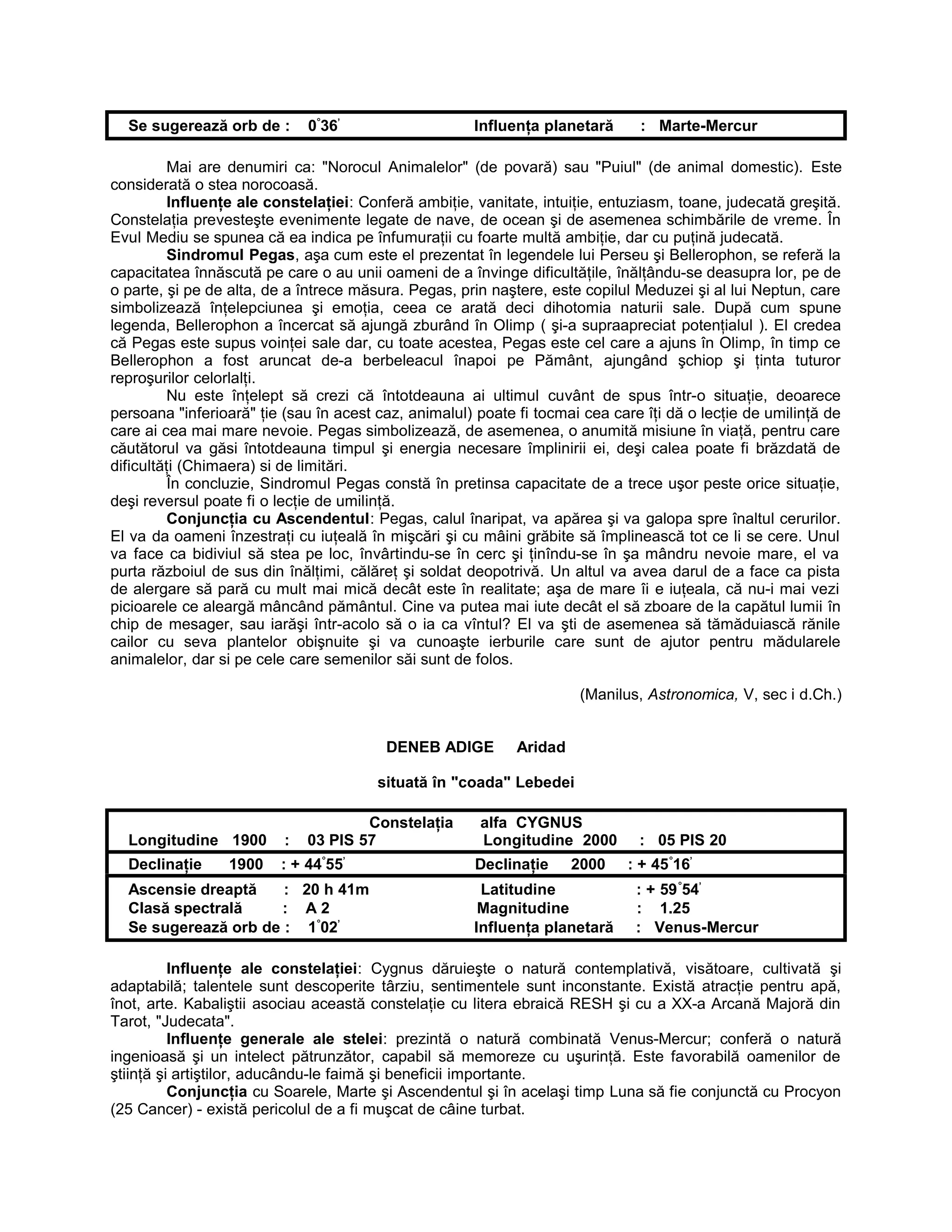 Se sugerează orb de : 0°
36’
Influenţa planetară : Marte-Mercur
Mai are denumiri ca: "Norocul Animalelor" (de povară) sau "Puiul" (de animal domestic). Este
considerată o stea norocoasă.
Influenţe ale constelaţiei: Conferă ambiţie, vanitate, intuiţie, entuziasm, toane, judecată greşită.
Constelaţia prevesteşte evenimente legate de nave, de ocean şi de asemenea schimbările de vreme. În
Evul Mediu se spunea că ea indica pe înfumuraţii cu foarte multă ambiţie, dar cu puţină judecată.
Sindromul Pegas, aşa cum este el prezentat în legendele lui Perseu şi Bellerophon, se referă la
capacitatea înnăscută pe care o au unii oameni de a învinge dificultăţile, înălţându-se deasupra lor, pe de
o parte, şi pe de alta, de a întrece măsura. Pegas, prin naştere, este copilul Meduzei şi al lui Neptun, care
simbolizează înţelepciunea şi emoţia, ceea ce arată deci dihotomia naturii sale. După cum spune
legenda, Bellerophon a încercat să ajungă zburând în Olimp ( şi-a supraapreciat potenţialul ). El credea
că Pegas este supus voinţei sale dar, cu toate acestea, Pegas este cel care a ajuns în Olimp, în timp ce
Bellerophon a fost aruncat de-a berbeleacul înapoi pe Pământ, ajungând şchiop şi ţinta tuturor
reproşurilor celorlalţi.
Nu este înţelept să crezi că întotdeauna ai ultimul cuvânt de spus într-o situaţie, deoarece
persoana "inferioară" ţie (sau în acest caz, animalul) poate fi tocmai cea care îţi dă o lecţie de umilinţă de
care ai cea mai mare nevoie. Pegas simbolizează, de asemenea, o anumită misiune în viaţă, pentru care
căutătorul va găsi întotdeauna timpul şi energia necesare împlinirii ei, deşi calea poate fi brăzdată de
dificultăţi (Chimaera) si de limitări.
În concluzie, Sindromul Pegas constă în pretinsa capacitate de a trece uşor peste orice situaţie,
deşi reversul poate fi o lecţie de umilinţă.
Conjuncţia cu Ascendentul: Pegas, calul înaripat, va apărea şi va galopa spre înaltul cerurilor.
El va da oameni înzestraţi cu iuţeală în mişcări şi cu mâini grăbite să împlinească tot ce li se cere. Unul
va face ca bidiviul să stea pe loc, învârtindu-se în cerc şi ţinîndu-se în şa mândru nevoie mare, el va
purta războiul de sus din înălţimi, călăreţ şi soldat deopotrivă. Un altul va avea darul de a face ca pista
de alergare să pară cu mult mai mică decât este în realitate; aşa de mare îi e iuţeala, că nu-i mai vezi
picioarele ce aleargă mâncând pământul. Cine va putea mai iute decât el să zboare de la capătul lumii în
chip de mesager, sau iarăşi într-acolo să o ia ca vîntul? El va şti de asemenea să tămăduiască rănile
cailor cu seva plantelor obişnuite şi va cunoaşte ierburile care sunt de ajutor pentru mădularele
animalelor, dar si pe cele care semenilor săi sunt de folos.
(Manilus, Astronomica, V, sec i d.Ch.)
DENEB ADIGE Aridad
situată în "coada" Lebedei
Constelaţia alfa CYGNUS
Longitudine 1900 : 03 PIS 57 Longitudine 2000 : 05 PIS 20
Declinaţie 1900 : + 44°
55’
Declinaţie 2000 : + 45°
16’
Ascensie dreaptă : 20 h 41m Latitudine : + 59°
54’
Clasă spectrală : A 2 Magnitudine : 1.25
Se sugerează orb de : 1°
02’
Influenţa planetară : Venus-Mercur
Influenţe ale constelaţiei: Cygnus dăruieşte o natură contemplativă, visătoare, cultivată şi
adaptabilă; talentele sunt descoperite târziu, sentimentele sunt inconstante. Există atracţie pentru apă,
înot, arte. Kabaliştii asociau această constelaţie cu litera ebraică RESH şi cu a XX-a Arcană Majoră din
Tarot, "Judecata".
Influenţe generale ale stelei: prezintă o natură combinată Venus-Mercur; conferă o natură
ingenioasă şi un intelect pătrunzător, capabil să memoreze cu uşurinţă. Este favorabilă oamenilor de
ştiinţă şi artiştilor, aducându-le faimă şi beneficii importante.
Conjuncţia cu Soarele, Marte şi Ascendentul şi în acelaşi timp Luna să fie conjunctă cu Procyon
(25 Cancer) - există pericolul de a fi muşcat de câine turbat.
 