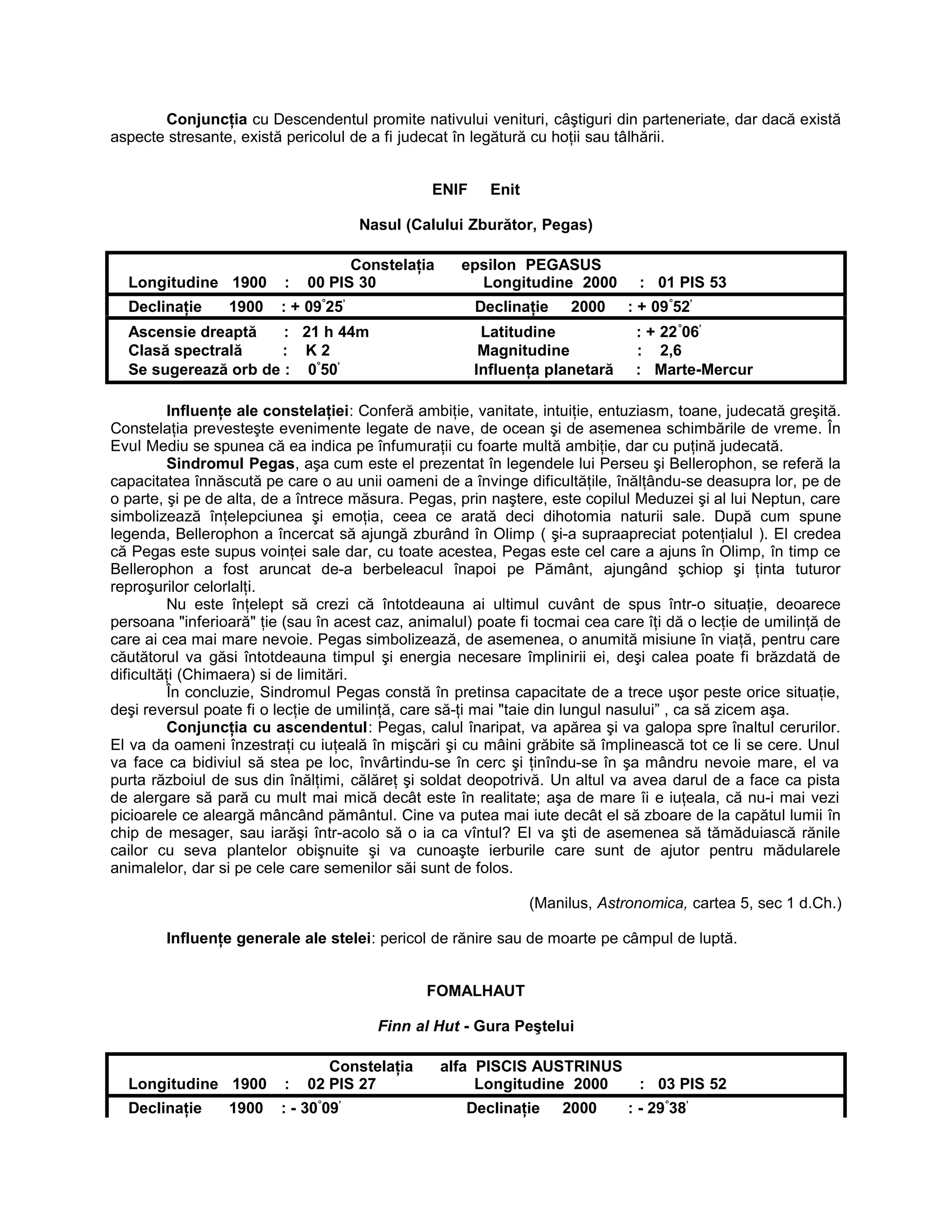 Conjuncţia cu Descendentul promite nativului venituri, câştiguri din parteneriate, dar dacă există
aspecte stresante, există pericolul de a fi judecat în legătură cu hoţii sau tâlhării.
ENIF Enit
Nasul (Calului Zburător, Pegas)
Constelaţia epsilon PEGASUS
Longitudine 1900 : 00 PIS 30 Longitudine 2000 : 01 PIS 53
Declinaţie 1900 : + 09°
25’
Declinaţie 2000 : + 09°
52’
Ascensie dreaptă : 21 h 44m Latitudine : + 22°
06’
Clasă spectrală : K 2 Magnitudine : 2,6
Se sugerează orb de : 0°
50’
Influenţa planetară : Marte-Mercur
Influenţe ale constelaţiei: Conferă ambiţie, vanitate, intuiţie, entuziasm, toane, judecată greşită.
Constelaţia prevesteşte evenimente legate de nave, de ocean şi de asemenea schimbările de vreme. În
Evul Mediu se spunea că ea indica pe înfumuraţii cu foarte multă ambiţie, dar cu puţină judecată.
Sindromul Pegas, aşa cum este el prezentat în legendele lui Perseu şi Bellerophon, se referă la
capacitatea înnăscută pe care o au unii oameni de a învinge dificultăţile, înălţându-se deasupra lor, pe de
o parte, şi pe de alta, de a întrece măsura. Pegas, prin naştere, este copilul Meduzei şi al lui Neptun, care
simbolizează înţelepciunea şi emoţia, ceea ce arată deci dihotomia naturii sale. După cum spune
legenda, Bellerophon a încercat să ajungă zburând în Olimp ( şi-a supraapreciat potenţialul ). El credea
că Pegas este supus voinţei sale dar, cu toate acestea, Pegas este cel care a ajuns în Olimp, în timp ce
Bellerophon a fost aruncat de-a berbeleacul înapoi pe Pământ, ajungând şchiop şi ţinta tuturor
reproşurilor celorlalţi.
Nu este înţelept să crezi că întotdeauna ai ultimul cuvânt de spus într-o situaţie, deoarece
persoana "inferioară" ţie (sau în acest caz, animalul) poate fi tocmai cea care îţi dă o lecţie de umilinţă de
care ai cea mai mare nevoie. Pegas simbolizează, de asemenea, o anumită misiune în viaţă, pentru care
căutătorul va găsi întotdeauna timpul şi energia necesare împlinirii ei, deşi calea poate fi brăzdată de
dificultăţi (Chimaera) si de limitări.
În concluzie, Sindromul Pegas constă în pretinsa capacitate de a trece uşor peste orice situaţie,
deşi reversul poate fi o lecţie de umilinţă, care să-ţi mai "taie din lungul nasului” , ca să zicem aşa.
Conjuncţia cu ascendentul: Pegas, calul înaripat, va apărea şi va galopa spre înaltul cerurilor.
El va da oameni înzestraţi cu iuţeală în mişcări şi cu mâini grăbite să împlinească tot ce li se cere. Unul
va face ca bidiviul să stea pe loc, învârtindu-se în cerc şi ţinîndu-se în şa mândru nevoie mare, el va
purta războiul de sus din înălţimi, călăreţ şi soldat deopotrivă. Un altul va avea darul de a face ca pista
de alergare să pară cu mult mai mică decât este în realitate; aşa de mare îi e iuţeala, că nu-i mai vezi
picioarele ce aleargă mâncând pământul. Cine va putea mai iute decât el să zboare de la capătul lumii în
chip de mesager, sau iarăşi într-acolo să o ia ca vîntul? El va şti de asemenea să tămăduiască rănile
cailor cu seva plantelor obişnuite şi va cunoaşte ierburile care sunt de ajutor pentru mădularele
animalelor, dar si pe cele care semenilor săi sunt de folos.
(Manilus, Astronomica, cartea 5, sec 1 d.Ch.)
Influenţe generale ale stelei: pericol de rănire sau de moarte pe câmpul de luptă.
FOMALHAUT
Finn al Hut - Gura Peştelui
Constelaţia alfa PISCIS AUSTRINUS
Longitudine 1900 : 02 PIS 27 Longitudine 2000 : 03 PIS 52
Declinaţie 1900 : - 30°
09’
Declinaţie 2000 : - 29°
38’
 