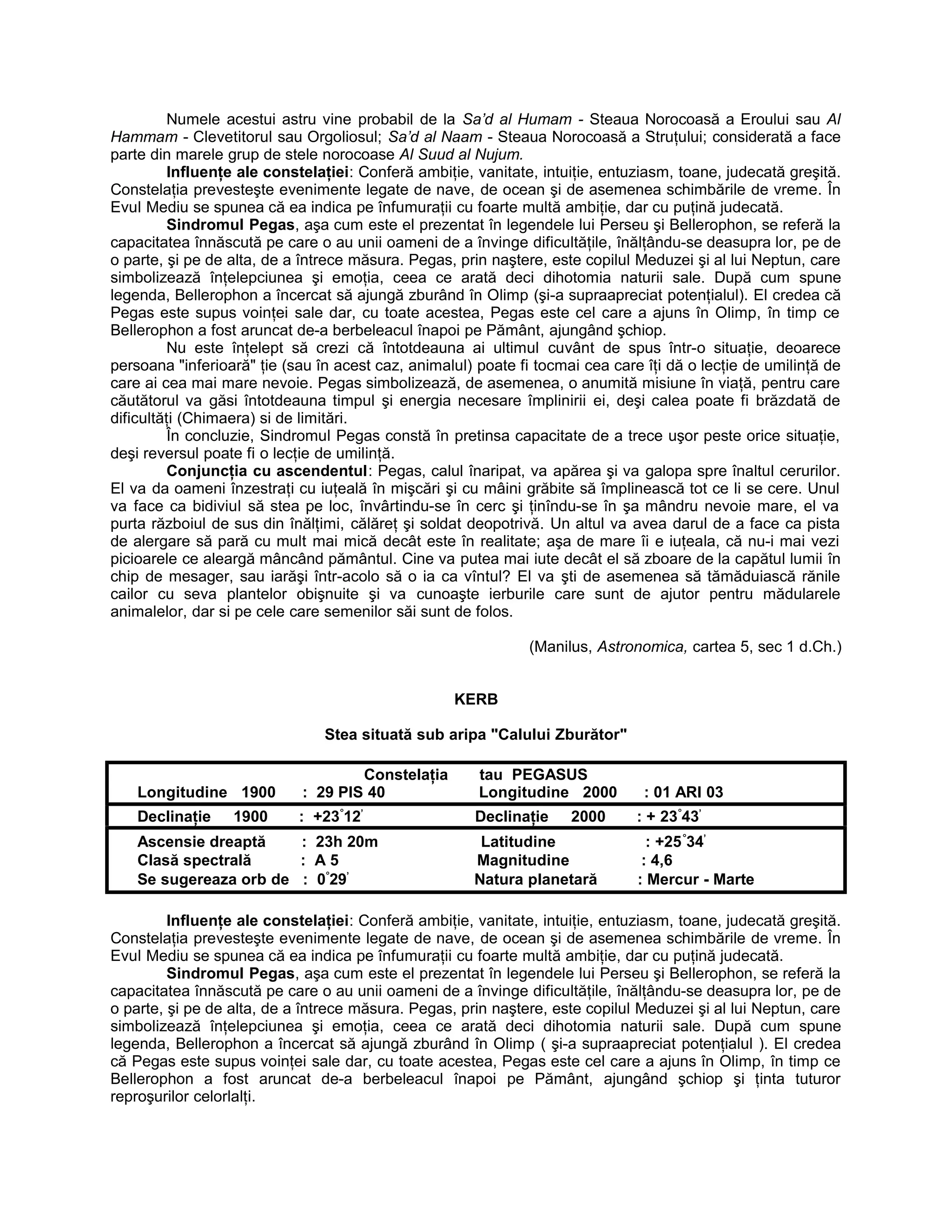 Numele acestui astru vine probabil de la Sa’d al Humam - Steaua Norocoasă a Eroului sau Al
Hammam - Clevetitorul sau Orgoliosul; Sa’d al Naam - Steaua Norocoasă a Struţului; considerată a face
parte din marele grup de stele norocoase Al Suud al Nujum.
Influenţe ale constelaţiei: Conferă ambiţie, vanitate, intuiţie, entuziasm, toane, judecată greşită.
Constelaţia prevesteşte evenimente legate de nave, de ocean şi de asemenea schimbările de vreme. În
Evul Mediu se spunea că ea indica pe înfumuraţii cu foarte multă ambiţie, dar cu puţină judecată.
Sindromul Pegas, aşa cum este el prezentat în legendele lui Perseu şi Bellerophon, se referă la
capacitatea înnăscută pe care o au unii oameni de a învinge dificultăţile, înălţându-se deasupra lor, pe de
o parte, şi pe de alta, de a întrece măsura. Pegas, prin naştere, este copilul Meduzei şi al lui Neptun, care
simbolizează înţelepciunea şi emoţia, ceea ce arată deci dihotomia naturii sale. După cum spune
legenda, Bellerophon a încercat să ajungă zburând în Olimp (şi-a supraapreciat potenţialul). El credea că
Pegas este supus voinţei sale dar, cu toate acestea, Pegas este cel care a ajuns în Olimp, în timp ce
Bellerophon a fost aruncat de-a berbeleacul înapoi pe Pământ, ajungând şchiop.
Nu este înţelept să crezi că întotdeauna ai ultimul cuvânt de spus într-o situaţie, deoarece
persoana "inferioară" ţie (sau în acest caz, animalul) poate fi tocmai cea care îţi dă o lecţie de umilinţă de
care ai cea mai mare nevoie. Pegas simbolizează, de asemenea, o anumită misiune în viaţă, pentru care
căutătorul va găsi întotdeauna timpul şi energia necesare împlinirii ei, deşi calea poate fi brăzdată de
dificultăţi (Chimaera) si de limitări.
În concluzie, Sindromul Pegas constă în pretinsa capacitate de a trece uşor peste orice situaţie,
deşi reversul poate fi o lecţie de umilinţă.
Conjuncţia cu ascendentul: Pegas, calul înaripat, va apărea şi va galopa spre înaltul cerurilor.
El va da oameni înzestraţi cu iuţeală în mişcări şi cu mâini grăbite să împlinească tot ce li se cere. Unul
va face ca bidiviul să stea pe loc, învârtindu-se în cerc şi ţinîndu-se în şa mândru nevoie mare, el va
purta războiul de sus din înălţimi, călăreţ şi soldat deopotrivă. Un altul va avea darul de a face ca pista
de alergare să pară cu mult mai mică decât este în realitate; aşa de mare îi e iuţeala, că nu-i mai vezi
picioarele ce aleargă mâncând pământul. Cine va putea mai iute decât el să zboare de la capătul lumii în
chip de mesager, sau iarăşi într-acolo să o ia ca vîntul? El va şti de asemenea să tămăduiască rănile
cailor cu seva plantelor obişnuite şi va cunoaşte ierburile care sunt de ajutor pentru mădularele
animalelor, dar si pe cele care semenilor săi sunt de folos.
(Manilus, Astronomica, cartea 5, sec 1 d.Ch.)
KERB
Stea situată sub aripa "Calului Zburător"
Constelaţia tau PEGASUS
Longitudine 1900 : 29 PIS 40 Longitudine 2000 : 01 ARI 03
Declinaţie 1900 : +23°
12’
Declinaţie 2000 : + 23°
43’
Ascensie dreaptă : 23h 20m Latitudine : +25°
34’
Clasă spectrală : A 5 Magnitudine : 4,6
Se sugereaza orb de : 0°
29’
Natura planetară : Mercur - Marte
Influenţe ale constelaţiei: Conferă ambiţie, vanitate, intuiţie, entuziasm, toane, judecată greşită.
Constelaţia prevesteşte evenimente legate de nave, de ocean şi de asemenea schimbările de vreme. În
Evul Mediu se spunea că ea indica pe înfumuraţii cu foarte multă ambiţie, dar cu puţină judecată.
Sindromul Pegas, aşa cum este el prezentat în legendele lui Perseu şi Bellerophon, se referă la
capacitatea înnăscută pe care o au unii oameni de a învinge dificultăţile, înălţându-se deasupra lor, pe de
o parte, şi pe de alta, de a întrece măsura. Pegas, prin naştere, este copilul Meduzei şi al lui Neptun, care
simbolizează înţelepciunea şi emoţia, ceea ce arată deci dihotomia naturii sale. După cum spune
legenda, Bellerophon a încercat să ajungă zburând în Olimp ( şi-a supraapreciat potenţialul ). El credea
că Pegas este supus voinţei sale dar, cu toate acestea, Pegas este cel care a ajuns în Olimp, în timp ce
Bellerophon a fost aruncat de-a berbeleacul înapoi pe Pământ, ajungând şchiop şi ţinta tuturor
reproşurilor celorlalţi.
 