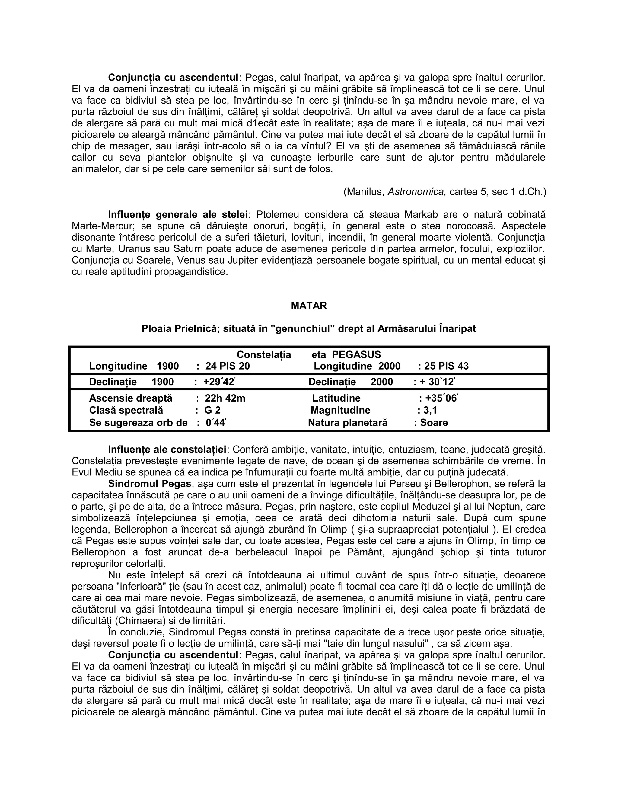 Conjuncţia cu ascendentul: Pegas, calul înaripat, va apărea şi va galopa spre înaltul cerurilor.
El va da oameni înzestraţi cu iuţeală în mişcări şi cu mâini grăbite să împlinească tot ce li se cere. Unul
va face ca bidiviul să stea pe loc, învârtindu-se în cerc şi ţinîndu-se în şa mândru nevoie mare, el va
purta războiul de sus din înălţimi, călăreţ şi soldat deopotrivă. Un altul va avea darul de a face ca pista
de alergare să pară cu mult mai mică d1ecât este în realitate; aşa de mare îi e iuţeala, că nu-i mai vezi
picioarele ce aleargă mâncând pământul. Cine va putea mai iute decât el să zboare de la capătul lumii în
chip de mesager, sau iarăşi într-acolo să o ia ca vîntul? El va şti de asemenea să tămăduiască rănile
cailor cu seva plantelor obişnuite şi va cunoaşte ierburile care sunt de ajutor pentru mădularele
animalelor, dar si pe cele care semenilor săi sunt de folos.
(Manilus, Astronomica, cartea 5, sec 1 d.Ch.)
Influenţe generale ale stelei: Ptolemeu considera că steaua Markab are o natură cobinată
Marte-Mercur; se spune că dăruieşte onoruri, bogăţii, în general este o stea norocoasă. Aspectele
disonante întăresc pericolul de a suferi tăieturi, lovituri, incendii, în general moarte violentă. Conjuncţia
cu Marte, Uranus sau Saturn poate aduce de asemenea pericole din partea armelor, focului, exploziilor.
Conjuncţia cu Soarele, Venus sau Jupiter evidenţiază persoanele bogate spiritual, cu un mental educat şi
cu reale aptitudini propagandistice.
MATAR
Ploaia Prielnică; situată în "genunchiul" drept al Armăsarului Înaripat
Constelaţia eta PEGASUS
Longitudine 1900 : 24 PIS 20 Longitudine 2000 : 25 PIS 43
Declinaţie 1900 : +29°
42’
Declinaţie 2000 : + 30°
12’
Ascensie dreaptă : 22h 42m Latitudine : +35°
06’
Clasă spectrală : G 2 Magnitudine : 3,1
Se sugereaza orb de : 0°
44’
Natura planetară : Soare
Influenţe ale constelaţiei: Conferă ambiţie, vanitate, intuiţie, entuziasm, toane, judecată greşită.
Constelaţia prevesteşte evenimente legate de nave, de ocean şi de asemenea schimbările de vreme. În
Evul Mediu se spunea că ea indica pe înfumuraţii cu foarte multă ambiţie, dar cu puţină judecată.
Sindromul Pegas, aşa cum este el prezentat în legendele lui Perseu şi Bellerophon, se referă la
capacitatea înnăscută pe care o au unii oameni de a învinge dificultăţile, înălţându-se deasupra lor, pe de
o parte, şi pe de alta, de a întrece măsura. Pegas, prin naştere, este copilul Meduzei şi al lui Neptun, care
simbolizează înţelepciunea şi emoţia, ceea ce arată deci dihotomia naturii sale. După cum spune
legenda, Bellerophon a încercat să ajungă zburând în Olimp ( şi-a supraapreciat potenţialul ). El credea
că Pegas este supus voinţei sale dar, cu toate acestea, Pegas este cel care a ajuns în Olimp, în timp ce
Bellerophon a fost aruncat de-a berbeleacul înapoi pe Pământ, ajungând şchiop şi ţinta tuturor
reproşurilor celorlalţi.
Nu este înţelept să crezi că întotdeauna ai ultimul cuvânt de spus într-o situaţie, deoarece
persoana "inferioară" ţie (sau în acest caz, animalul) poate fi tocmai cea care îţi dă o lecţie de umilinţă de
care ai cea mai mare nevoie. Pegas simbolizează, de asemenea, o anumită misiune în viaţă, pentru care
căutătorul va găsi întotdeauna timpul şi energia necesare împlinirii ei, deşi calea poate fi brăzdată de
dificultăţi (Chimaera) si de limitări.
În concluzie, Sindromul Pegas constă în pretinsa capacitate de a trece uşor peste orice situaţie,
deşi reversul poate fi o lecţie de umilinţă, care să-ţi mai "taie din lungul nasului” , ca să zicem aşa.
Conjuncţia cu ascendentul: Pegas, calul înaripat, va apărea şi va galopa spre înaltul cerurilor.
El va da oameni înzestraţi cu iuţeală în mişcări şi cu mâini grăbite să împlinească tot ce li se cere. Unul
va face ca bidiviul să stea pe loc, învârtindu-se în cerc şi ţinîndu-se în şa mândru nevoie mare, el va
purta războiul de sus din înălţimi, călăreţ şi soldat deopotrivă. Un altul va avea darul de a face ca pista
de alergare să pară cu mult mai mică decât este în realitate; aşa de mare îi e iuţeala, că nu-i mai vezi
picioarele ce aleargă mâncând pământul. Cine va putea mai iute decât el să zboare de la capătul lumii în
 