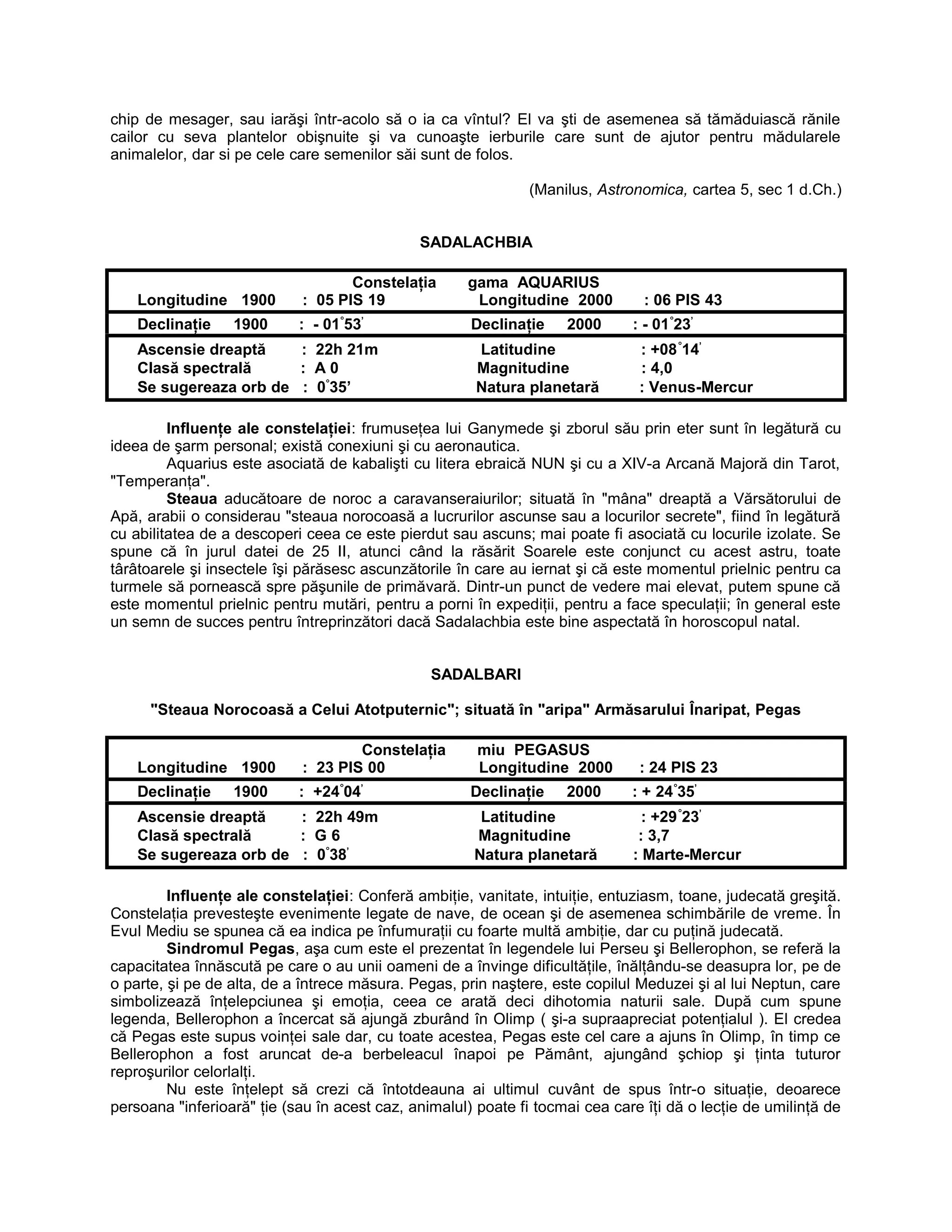 chip de mesager, sau iarăşi într-acolo să o ia ca vîntul? El va şti de asemenea să tămăduiască rănile
cailor cu seva plantelor obişnuite şi va cunoaşte ierburile care sunt de ajutor pentru mădularele
animalelor, dar si pe cele care semenilor săi sunt de folos.
(Manilus, Astronomica, cartea 5, sec 1 d.Ch.)
SADALACHBIA
Constelaţia gama AQUARIUS
Longitudine 1900 : 05 PIS 19 Longitudine 2000 : 06 PIS 43
Declinaţie 1900 : - 01°
53’
Declinaţie 2000 : - 01°
23’
Ascensie dreaptă : 22h 21m Latitudine : +08°
14’
Clasă spectrală : A 0 Magnitudine : 4,0
Se sugereaza orb de : 0°
35’ Natura planetară : Venus-Mercur
Influenţe ale constelaţiei: frumuseţea lui Ganymede şi zborul său prin eter sunt în legătură cu
ideea de şarm personal; există conexiuni şi cu aeronautica.
Aquarius este asociată de kabalişti cu litera ebraică NUN şi cu a XIV-a Arcană Majoră din Tarot,
"Temperanţa".
Steaua aducătoare de noroc a caravanseraiurilor; situată în "mâna" dreaptă a Vărsătorului de
Apă, arabii o considerau "steaua norocoasă a lucrurilor ascunse sau a locurilor secrete", fiind în legătură
cu abilitatea de a descoperi ceea ce este pierdut sau ascuns; mai poate fi asociată cu locurile izolate. Se
spune că în jurul datei de 25 II, atunci când la răsărit Soarele este conjunct cu acest astru, toate
târâtoarele şi insectele îşi părăsesc ascunzătorile în care au iernat şi că este momentul prielnic pentru ca
turmele să pornească spre păşunile de primăvară. Dintr-un punct de vedere mai elevat, putem spune că
este momentul prielnic pentru mutări, pentru a porni în expediţii, pentru a face speculaţii; în general este
un semn de succes pentru întreprinzători dacă Sadalachbia este bine aspectată în horoscopul natal.
SADALBARI
"Steaua Norocoasă a Celui Atotputernic"; situată în "aripa" Armăsarului Înaripat, Pegas
Constelaţia miu PEGASUS
Longitudine 1900 : 23 PIS 00 Longitudine 2000 : 24 PIS 23
Declinaţie 1900 : +24°
04’
Declinaţie 2000 : + 24°
35’
Ascensie dreaptă : 22h 49m Latitudine : +29°
23’
Clasă spectrală : G 6 Magnitudine : 3,7
Se sugereaza orb de : 0°
38’
Natura planetară : Marte-Mercur
Influenţe ale constelaţiei: Conferă ambiţie, vanitate, intuiţie, entuziasm, toane, judecată greşită.
Constelaţia prevesteşte evenimente legate de nave, de ocean şi de asemenea schimbările de vreme. În
Evul Mediu se spunea că ea indica pe înfumuraţii cu foarte multă ambiţie, dar cu puţină judecată.
Sindromul Pegas, aşa cum este el prezentat în legendele lui Perseu şi Bellerophon, se referă la
capacitatea înnăscută pe care o au unii oameni de a învinge dificultăţile, înălţându-se deasupra lor, pe de
o parte, şi pe de alta, de a întrece măsura. Pegas, prin naştere, este copilul Meduzei şi al lui Neptun, care
simbolizează înţelepciunea şi emoţia, ceea ce arată deci dihotomia naturii sale. După cum spune
legenda, Bellerophon a încercat să ajungă zburând în Olimp ( şi-a supraapreciat potenţialul ). El credea
că Pegas este supus voinţei sale dar, cu toate acestea, Pegas este cel care a ajuns în Olimp, în timp ce
Bellerophon a fost aruncat de-a berbeleacul înapoi pe Pământ, ajungând şchiop şi ţinta tuturor
reproşurilor celorlalţi.
Nu este înţelept să crezi că întotdeauna ai ultimul cuvânt de spus într-o situaţie, deoarece
persoana "inferioară" ţie (sau în acest caz, animalul) poate fi tocmai cea care îţi dă o lecţie de umilinţă de
 