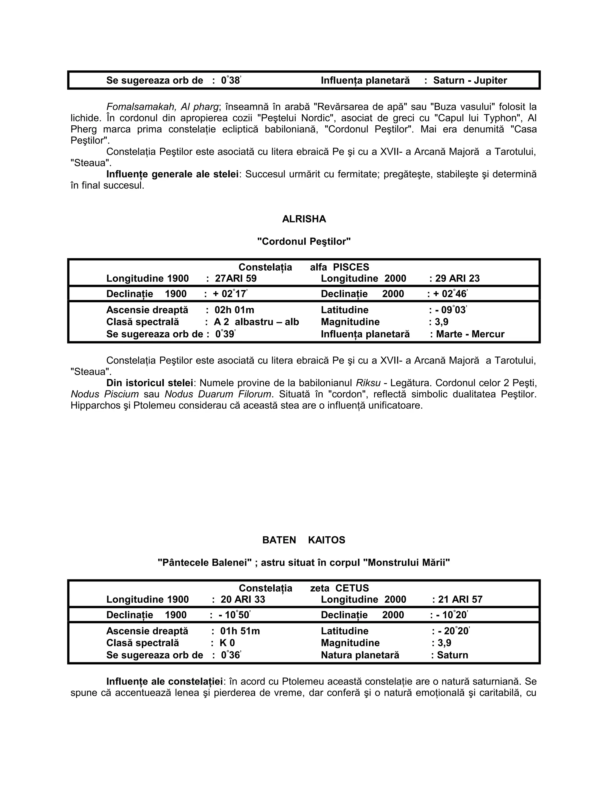 Se sugereaza orb de : 0°
38’
Influenţa planetară : Saturn - Jupiter
Fomalsamakah, Al pharg; înseamnă în arabă "Revărsarea de apă" sau "Buza vasului" folosit la
lichide. În cordonul din apropierea cozii "Peştelui Nordic", asociat de greci cu "Capul lui Typhon", Al
Pherg marca prima constelaţie ecliptică babiloniană, "Cordonul Peştilor". Mai era denumită "Casa
Peştilor".
Constelaţia Peştilor este asociată cu litera ebraică Pe şi cu a XVII- a Arcană Majoră a Tarotului,
"Steaua".
Influenţe generale ale stelei: Succesul urmărit cu fermitate; pregăteşte, stabileşte şi determină
în final succesul.
ALRISHA
"Cordonul Peştilor"
Constelaţia alfa PISCES
Longitudine 1900 : 27ARI 59 Longitudine 2000 : 29 ARI 23
Declinaţie 1900 : + 02°
17’
Declinaţie 2000 : + 02°
46’
Ascensie dreaptă : 02h 01m Latitudine : - 09°
03’
Clasă spectrală : A 2 albastru – alb Magnitudine : 3,9
Se sugereaza orb de : 0°
39’
Influenţa planetară : Marte - Mercur
Constelaţia Peştilor este asociată cu litera ebraică Pe şi cu a XVII- a Arcană Majoră a Tarotului,
"Steaua".
Din istoricul stelei: Numele provine de la babilonianul Riksu - Legătura. Cordonul celor 2 Peşti,
Nodus Piscium sau Nodus Duarum Filorum. Situată în "cordon", reflectă simbolic dualitatea Peştilor.
Hipparchos şi Ptolemeu considerau că această stea are o influenţă unificatoare.
BATEN KAITOS
"Pântecele Balenei" ; astru situat în corpul "Monstrului Mării"
Constelaţia zeta CETUS
Longitudine 1900 : 20 ARI 33 Longitudine 2000 : 21 ARI 57
Declinaţie 1900 : - 10°
50’
Declinaţie 2000 : - 10°
20’
Ascensie dreaptă : 01h 51m Latitudine : - 20°
20’
Clasă spectrală : K 0 Magnitudine : 3,9
Se sugereaza orb de : 0°
36’
Natura planetară : Saturn
Influenţe ale constelaţiei: în acord cu Ptolemeu această constelaţie are o natură saturniană. Se
spune că accentuează lenea şi pierderea de vreme, dar conferă şi o natură emoţională şi caritabilă, cu
 