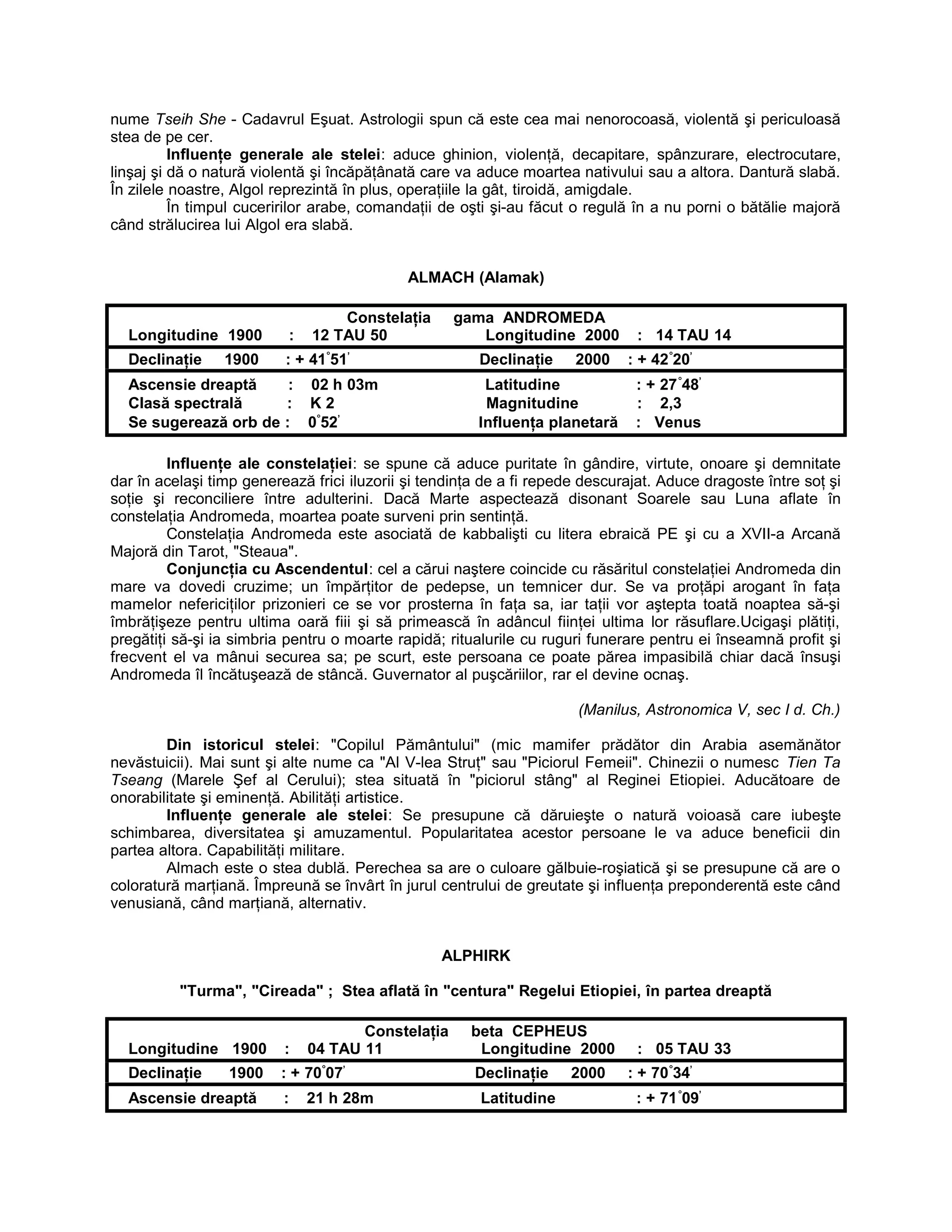 nume Tseih She - Cadavrul Eşuat. Astrologii spun că este cea mai nenorocoasă, violentă şi periculoasă
stea de pe cer.
Influenţe generale ale stelei: aduce ghinion, violenţă, decapitare, spânzurare, electrocutare,
linşaj şi dă o natură violentă şi încăpăţânată care va aduce moartea nativului sau a altora. Dantură slabă.
În zilele noastre, Algol reprezintă în plus, operaţiile la gât, tiroidă, amigdale.
În timpul cuceririlor arabe, comandaţii de oşti şi-au făcut o regulă în a nu porni o bătălie majoră
când strălucirea lui Algol era slabă.
ALMACH (Alamak)
Constelaţia gama ANDROMEDA
Longitudine 1900 : 12 TAU 50 Longitudine 2000 : 14 TAU 14
Declinaţie 1900 : + 41°
51’
Declinaţie 2000 : + 42°
20’
Ascensie dreaptă : 02 h 03m Latitudine : + 27°
48’
Clasă spectrală : K 2 Magnitudine : 2,3
Se sugerează orb de : 0°
52’
Influenţa planetară : Venus
Influenţe ale constelaţiei: se spune că aduce puritate în gândire, virtute, onoare şi demnitate
dar în acelaşi timp generează frici iluzorii şi tendinţa de a fi repede descurajat. Aduce dragoste între soţ şi
soţie şi reconciliere între adulterini. Dacă Marte aspectează disonant Soarele sau Luna aflate în
constelaţia Andromeda, moartea poate surveni prin sentinţă.
Constelaţia Andromeda este asociată de kabbalişti cu litera ebraică PE şi cu a XVII-a Arcană
Majoră din Tarot, "Steaua".
Conjuncţia cu Ascendentul: cel a cărui naştere coincide cu răsăritul constelaţiei Andromeda din
mare va dovedi cruzime; un împărţitor de pedepse, un temnicer dur. Se va proţăpi arogant în faţa
mamelor nefericiţilor prizonieri ce se vor prosterna în faţa sa, iar taţii vor aştepta toată noaptea să-şi
îmbrăţişeze pentru ultima oară fiii şi să primească în adâncul fiinţei ultima lor răsuflare.Ucigaşi plătiţi,
pregătiţi să-şi ia simbria pentru o moarte rapidă; ritualurile cu ruguri funerare pentru ei înseamnă profit şi
frecvent el va mânui securea sa; pe scurt, este persoana ce poate părea impasibilă chiar dacă însuşi
Andromeda îl încătuşează de stâncă. Guvernator al puşcăriilor, rar el devine ocnaş.
(Manilus, Astronomica V, sec I d. Ch.)
Din istoricul stelei: "Copilul Pământului" (mic mamifer prădător din Arabia asemănător
nevăstuicii). Mai sunt şi alte nume ca "Al V-lea Struţ" sau "Piciorul Femeii". Chinezii o numesc Tien Ta
Tseang (Marele Şef al Cerului); stea situată în "piciorul stâng" al Reginei Etiopiei. Aducătoare de
onorabilitate şi eminenţă. Abilităţi artistice.
Influenţe generale ale stelei: Se presupune că dăruieşte o natură voioasă care iubeşte
schimbarea, diversitatea şi amuzamentul. Popularitatea acestor persoane le va aduce beneficii din
partea altora. Capabilităţi militare.
Almach este o stea dublă. Perechea sa are o culoare gălbuie-roşiatică şi se presupune că are o
coloratură marţiană. Împreună se învârt în jurul centrului de greutate şi influenţa preponderentă este când
venusiană, când marţiană, alternativ.
ALPHIRK
"Turma", "Cireada" ; Stea aflată în "centura" Regelui Etiopiei, în partea dreaptă
Constelaţia beta CEPHEUS
Longitudine 1900 : 04 TAU 11 Longitudine 2000 : 05 TAU 33
Declinaţie 1900 : + 70°
07’
Declinaţie 2000 : + 70°
34’
Ascensie dreaptă : 21 h 28m Latitudine : + 71°
09’
 