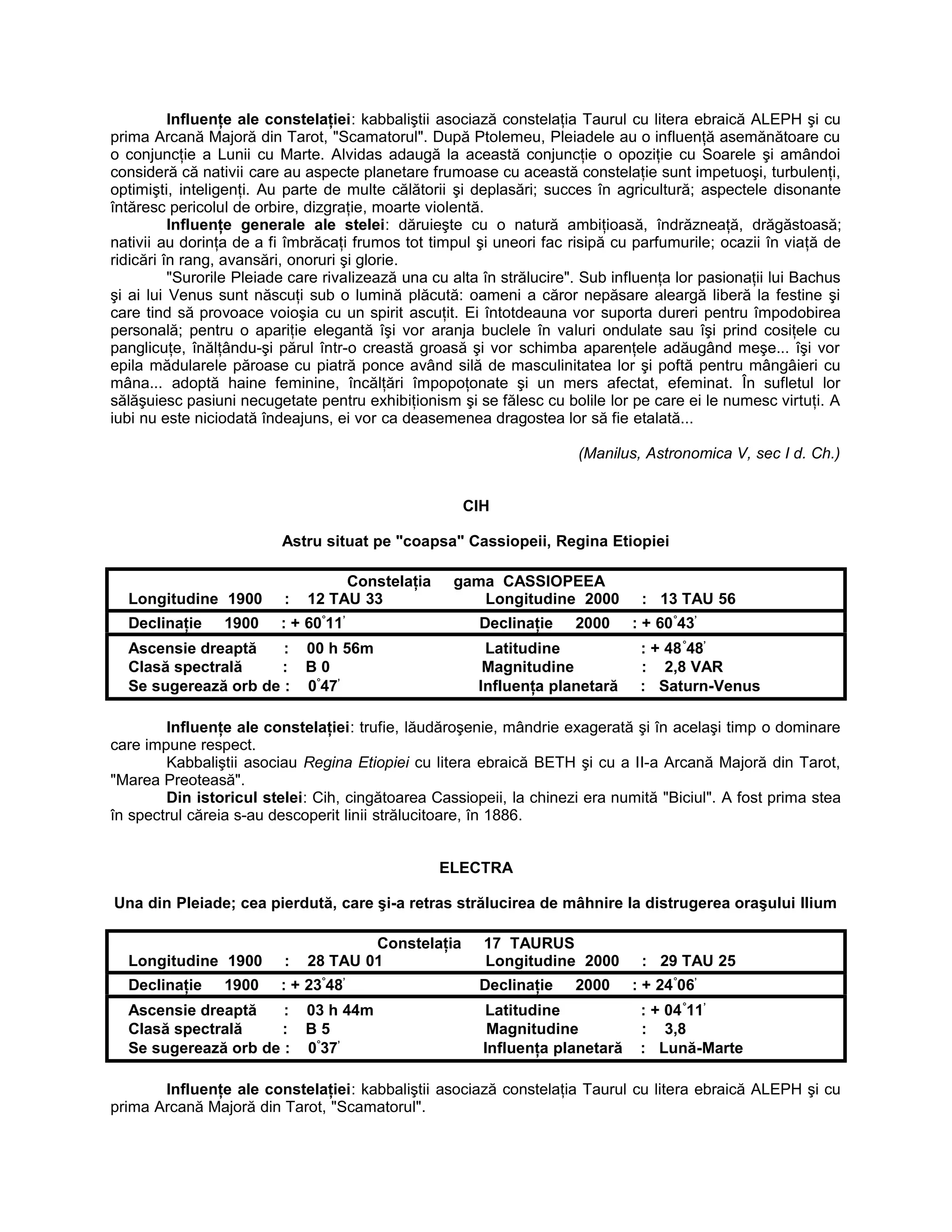 Influenţe ale constelaţiei: kabbaliştii asociază constelaţia Taurul cu litera ebraică ALEPH şi cu
prima Arcană Majoră din Tarot, "Scamatorul". După Ptolemeu, Pleiadele au o influenţă asemănătoare cu
o conjuncţie a Lunii cu Marte. Alvidas adaugă la această conjuncţie o opoziţie cu Soarele şi amândoi
consideră că nativii care au aspecte planetare frumoase cu această constelaţie sunt impetuoşi, turbulenţi,
optimişti, inteligenţi. Au parte de multe călătorii şi deplasări; succes în agricultură; aspectele disonante
întăresc pericolul de orbire, dizgraţie, moarte violentă.
Influenţe generale ale stelei: dăruieşte cu o natură ambiţioasă, îndrăzneaţă, drăgăstoasă;
nativii au dorinţa de a fi îmbrăcaţi frumos tot timpul şi uneori fac risipă cu parfumurile; ocazii în viaţă de
ridicări în rang, avansări, onoruri şi glorie.
"Surorile Pleiade care rivalizează una cu alta în strălucire". Sub influenţa lor pasionaţii lui Bachus
şi ai lui Venus sunt născuţi sub o lumină plăcută: oameni a căror nepăsare aleargă liberă la festine şi
care tind să provoace voioşia cu un spirit ascuţit. Ei întotdeauna vor suporta dureri pentru împodobirea
personală; pentru o apariţie elegantă îşi vor aranja buclele în valuri ondulate sau îşi prind cosiţele cu
panglicuţe, înălţându-şi părul într-o creastă groasă şi vor schimba aparenţele adăugând meşe... îşi vor
epila mădularele păroase cu piatră ponce având silă de masculinitatea lor şi poftă pentru mângâieri cu
mâna... adoptă haine feminine, încălţări împopoţonate şi un mers afectat, efeminat. În sufletul lor
sălăşuiesc pasiuni necugetate pentru exhibiţionism şi se fălesc cu bolile lor pe care ei le numesc virtuţi. A
iubi nu este niciodată îndeajuns, ei vor ca deasemenea dragostea lor să fie etalată...
(Manilus, Astronomica V, sec I d. Ch.)
CIH
Astru situat pe "coapsa" Cassiopeii, Regina Etiopiei
Constelaţia gama CASSIOPEEA
Longitudine 1900 : 12 TAU 33 Longitudine 2000 : 13 TAU 56
Declinaţie 1900 : + 60°
11’
Declinaţie 2000 : + 60°
43’
Ascensie dreaptă : 00 h 56m Latitudine : + 48°
48’
Clasă spectrală : B 0 Magnitudine : 2,8 VAR
Se sugerează orb de : 0°
47’
Influenţa planetară : Saturn-Venus
Influenţe ale constelaţiei: trufie, lăudăroşenie, mândrie exagerată şi în acelaşi timp o dominare
care impune respect.
Kabbaliştii asociau Regina Etiopiei cu litera ebraică BETH şi cu a II-a Arcană Majoră din Tarot,
"Marea Preoteasă".
Din istoricul stelei: Cih, cingătoarea Cassiopeii, la chinezi era numită "Biciul". A fost prima stea
în spectrul căreia s-au descoperit linii strălucitoare, în 1886.
ELECTRA
Una din Pleiade; cea pierdută, care şi-a retras strălucirea de mâhnire la distrugerea oraşului Ilium
Constelaţia 17 TAURUS
Longitudine 1900 : 28 TAU 01 Longitudine 2000 : 29 TAU 25
Declinaţie 1900 : + 23°
48’
Declinaţie 2000 : + 24°
06’
Ascensie dreaptă : 03 h 44m Latitudine : + 04°
11’
Clasă spectrală : B 5 Magnitudine : 3,8
Se sugerează orb de : 0°
37’
Influenţa planetară : Lună-Marte
Influenţe ale constelaţiei: kabbaliştii asociază constelaţia Taurul cu litera ebraică ALEPH şi cu
prima Arcană Majoră din Tarot, "Scamatorul".
 