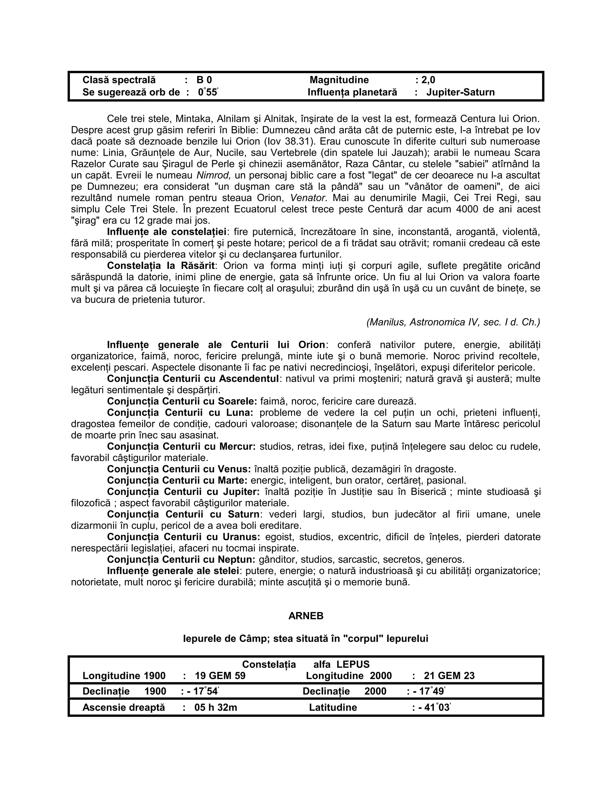 Clasă spectrală : B 0 Magnitudine : 2,0
Se sugerează orb de : 0°
55’
Influenţa planetară : Jupiter-Saturn
Cele trei stele, Mintaka, Alnilam şi Alnitak, înşirate de la vest la est, formează Centura lui Orion.
Despre acest grup găsim referiri în Biblie: Dumnezeu când arăta cât de puternic este, l-a întrebat pe Iov
dacă poate să deznoade benzile lui Orion (Iov 38.31). Erau cunoscute în diferite culturi sub numeroase
nume: Linia, Grăunţele de Aur, Nucile, sau Vertebrele (din spatele lui Jauzah); arabii le numeau Scara
Razelor Curate sau Şiragul de Perle şi chinezii asemănător, Raza Cântar, cu stelele "sabiei" atîrnând la
un capăt. Evreii le numeau Nimrod, un personaj biblic care a fost "legat" de cer deoarece nu l-a ascultat
pe Dumnezeu; era considerat "un duşman care stă la pândă" sau un "vânător de oameni", de aici
rezultând numele roman pentru steaua Orion, Venator. Mai au denumirile Magii, Cei Trei Regi, sau
simplu Cele Trei Stele. În prezent Ecuatorul celest trece peste Centură dar acum 4000 de ani acest
"şirag" era cu 12 grade mai jos.
Influenţe ale constelaţiei: fire puternică, încrezătoare în sine, inconstantă, arogantă, violentă,
fără milă; prosperitate în comerţ şi peste hotare; pericol de a fi trădat sau otrăvit; romanii credeau că este
responsabilă cu pierderea vitelor şi cu declanşarea furtunilor.
Constelaţia la Răsărit: Orion va forma minţi iuţi şi corpuri agile, suflete pregătite oricând
sărăspundă la datorie, inimi pline de energie, gata să înfrunte orice. Un fiu al lui Orion va valora foarte
mult şi va părea că locuieşte în fiecare colţ al oraşului; zburând din uşă în uşă cu un cuvânt de bineţe, se
va bucura de prietenia tuturor.
(Manilus, Astronomica IV, sec. I d. Ch.)
Influenţe generale ale Centurii lui Orion: conferă nativilor putere, energie, abilităţi
organizatorice, faimă, noroc, fericire prelungă, minte iute şi o bună memorie. Noroc privind recoltele,
excelenţi pescari. Aspectele disonante îi fac pe nativi necredincioşi, înşelători, expuşi diferitelor pericole.
Conjuncţia Centurii cu Ascendentul: nativul va primi moşteniri; natură gravă şi austeră; multe
legături sentimentale şi despărţiri.
Conjuncţia Centurii cu Soarele: faimă, noroc, fericire care durează.
Conjuncţia Centurii cu Luna: probleme de vedere la cel puţin un ochi, prieteni influenţi,
dragostea femeilor de condiţie, cadouri valoroase; disonanţele de la Saturn sau Marte întăresc pericolul
de moarte prin înec sau asasinat.
Conjuncţia Centurii cu Mercur: studios, retras, idei fixe, puţină înţelegere sau deloc cu rudele,
favorabil câştigurilor materiale.
Conjuncţia Centurii cu Venus: înaltă poziţie publică, dezamăgiri în dragoste.
Conjuncţia Centurii cu Marte: energic, inteligent, bun orator, certăreţ, pasional.
Conjuncţia Centurii cu Jupiter: înaltă poziţie în Justiţie sau în Biserică ; minte studioasă şi
filozofică ; aspect favorabil câştigurilor materiale.
Conjuncţia Centurii cu Saturn: vederi largi, studios, bun judecător al firii umane, unele
dizarmonii în cuplu, pericol de a avea boli ereditare.
Conjuncţia Centurii cu Uranus: egoist, studios, excentric, dificil de înţeles, pierderi datorate
nerespectării legislaţiei, afaceri nu tocmai inspirate.
Conjuncţia Centurii cu Neptun: gânditor, studios, sarcastic, secretos, generos.
Influenţe generale ale stelei: putere, energie; o natură industrioasă şi cu abilităţi organizatorice;
notorietate, mult noroc şi fericire durabilă; minte ascuţită şi o memorie bună.
ARNEB
Iepurele de Câmp; stea situată în "corpul" Iepurelui
Constelaţia alfa LEPUS
Longitudine 1900 : 19 GEM 59 Longitudine 2000 : 21 GEM 23
Declinaţie 1900 : - 17°
54’
Declinaţie 2000 : - 17°
49’
Ascensie dreaptă : 05 h 32m Latitudine : - 41°
03’
 