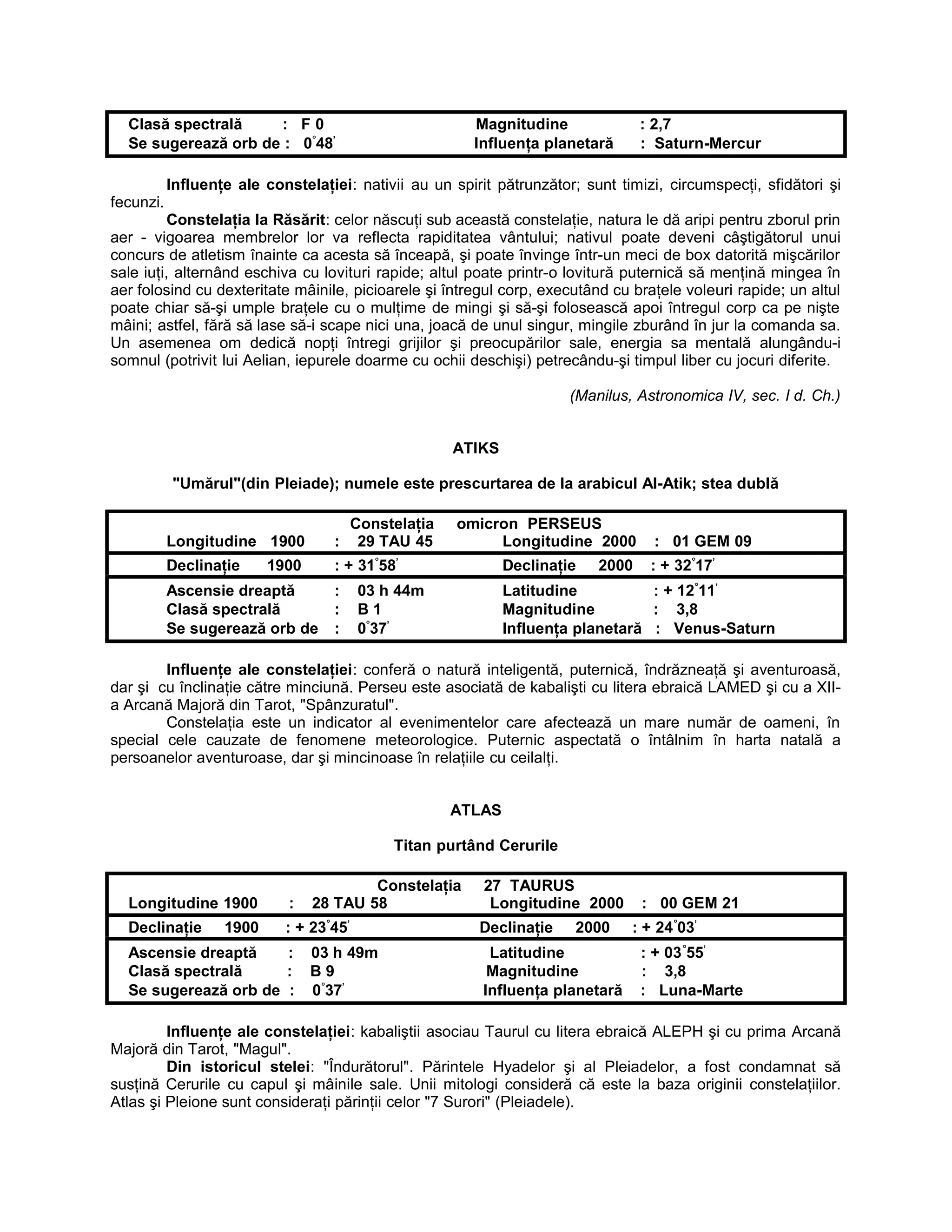 Clasă spectrală : F 0 Magnitudine : 2,7
Se sugerează orb de : 0°
48’
Influenţa planetară : Saturn-Mercur
Influenţe ale constelaţiei: nativii au un spirit pătrunzător; sunt timizi, circumspecţi, sfidători şi
fecunzi.
Constelaţia la Răsărit: celor născuţi sub această constelaţie, natura le dă aripi pentru zborul prin
aer - vigoarea membrelor lor va reflecta rapiditatea vântului; nativul poate deveni câştigătorul unui
concurs de atletism înainte ca acesta să înceapă, şi poate învinge într-un meci de box datorită mişcărilor
sale iuţi, alternând eschiva cu lovituri rapide; altul poate printr-o lovitură puternică să menţină mingea în
aer folosind cu dexteritate mâinile, picioarele şi întregul corp, executând cu braţele voleuri rapide; un altul
poate chiar să-şi umple braţele cu o mulţime de mingi şi să-şi folosească apoi întregul corp ca pe nişte
mâini; astfel, fără să lase să-i scape nici una, joacă de unul singur, mingile zburând în jur la comanda sa.
Un asemenea om dedică nopţi întregi grijilor şi preocupărilor sale, energia sa mentală alungându-i
somnul (potrivit lui Aelian, iepurele doarme cu ochii deschişi) petrecându-şi timpul liber cu jocuri diferite.
(Manilus, Astronomica IV, sec. I d. Ch.)
ATIKS
"Umărul"(din Pleiade); numele este prescurtarea de la arabicul Al-Atik; stea dublă
Constelaţia omicron PERSEUS
Longitudine 1900 : 29 TAU 45 Longitudine 2000 : 01 GEM 09
Declinaţie 1900 : + 31°
58’
Declinaţie 2000 : + 32°
17’
Ascensie dreaptă : 03 h 44m Latitudine : + 12°
11’
Clasă spectrală : B 1 Magnitudine : 3,8
Se sugerează orb de : 0°
37’
Influenţa planetară : Venus-Saturn
Influenţe ale constelaţiei: conferă o natură inteligentă, puternică, îndrăzneaţă şi aventuroasă,
dar şi cu înclinaţie către minciună. Perseu este asociată de kabalişti cu litera ebraică LAMED şi cu a XII-
a Arcană Majoră din Tarot, "Spânzuratul".
Constelaţia este un indicator al evenimentelor care afectează un mare număr de oameni, în
special cele cauzate de fenomene meteorologice. Puternic aspectată o întâlnim în harta natală a
persoanelor aventuroase, dar şi mincinoase în relaţiile cu ceilalţi.
ATLAS
Titan purtând Cerurile
Constelaţia 27 TAURUS
Longitudine 1900 : 28 TAU 58 Longitudine 2000 : 00 GEM 21
Declinaţie 1900 : + 23°
45’
Declinaţie 2000 : + 24°
03’
Ascensie dreaptă : 03 h 49m Latitudine : + 03°
55’
Clasă spectrală : B 9 Magnitudine : 3,8
Se sugerează orb de : 0°
37’
Influenţa planetară : Luna-Marte
Influenţe ale constelaţiei: kabaliştii asociau Taurul cu litera ebraică ALEPH şi cu prima Arcană
Majoră din Tarot, "Magul".
Din istoricul stelei: "Îndurătorul". Părintele Hyadelor şi al Pleiadelor, a fost condamnat să
susţină Cerurile cu capul şi mâinile sale. Unii mitologi consideră că este la baza originii constelaţiilor.
Atlas şi Pleione sunt consideraţi părinţii celor "7 Surori" (Pleiadele).
 
