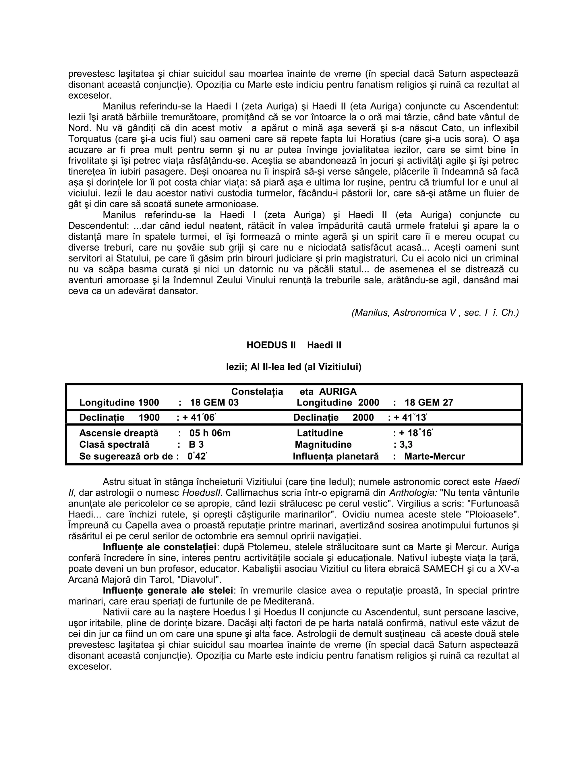 prevestesc laşitatea şi chiar suicidul sau moartea înainte de vreme (în special dacă Saturn aspectează
disonant această conjuncţie). Opoziţia cu Marte este indiciu pentru fanatism religios şi ruină ca rezultat al
exceselor.
Manilus referindu-se la Haedi I (zeta Auriga) şi Haedi II (eta Auriga) conjuncte cu Ascendentul:
Iezii îşi arată bărbiile tremurătoare, promiţând că se vor întoarce la o oră mai târzie, când bate vântul de
Nord. Nu vă gândiţi că din acest motiv a apărut o mină aşa severă şi s-a născut Cato, un inflexibil
Torquatus (care şi-a ucis fiul) sau oameni care să repete fapta lui Horatius (care şi-a ucis sora). O aşa
acuzare ar fi prea mult pentru semn şi nu ar putea învinge jovialitatea iezilor, care se simt bine în
frivolitate şi îşi petrec viaţa răsfăţându-se. Aceştia se abandonează în jocuri şi activităţi agile şi îşi petrec
tinereţea în iubiri pasagere. Deşi onoarea nu îi inspiră să-şi verse sângele, plăcerile îi îndeamnă să facă
aşa şi dorinţele lor îi pot costa chiar viaţa: să piară aşa e ultima lor ruşine, pentru că triumful lor e unul al
viciului. Iezii le dau acestor nativi custodia turmelor, făcându-i păstorii lor, care să-şi atârne un fluier de
gât şi din care să scoată sunete armonioase.
Manilus referindu-se la Haedi I (zeta Auriga) şi Haedi II (eta Auriga) conjuncte cu
Descendentul: ...dar când iedul neatent, rătăcit în valea împădurită caută urmele fratelui şi apare la o
distanţă mare în spatele turmei, el îşi formează o minte ageră şi un spirit care îi e mereu ocupat cu
diverse treburi, care nu şovăie sub griji şi care nu e niciodată satisfăcut acasă... Aceşti oameni sunt
servitori ai Statului, pe care îi găsim prin birouri judiciare şi prin magistraturi. Cu ei acolo nici un criminal
nu va scăpa basma curată şi nici un datornic nu va păcăli statul... de asemenea el se distrează cu
aventuri amoroase şi la îndemnul Zeului Vinului renunţă la treburile sale, arătându-se agil, dansând mai
ceva ca un adevărat dansator.
(Manilus, Astronomica V , sec. I î. Ch.)
HOEDUS II Haedi II
Iezii; Al II-lea Ied (al Vizitiului)
Constelaţia eta AURIGA
Longitudine 1900 : 18 GEM 03 Longitudine 2000 : 18 GEM 27
Declinaţie 1900 : + 41°
06’
Declinaţie 2000 : + 41°
13’
Ascensie dreaptă : 05 h 06m Latitudine : + 18°
16’
Clasă spectrală : B 3 Magnitudine : 3,3
Se sugerează orb de : 0°
42’
Influenţa planetară : Marte-Mercur
Astru situat în stânga încheieturii Vizitiului (care ţine Iedul); numele astronomic corect este Haedi
II, dar astrologii o numesc HoedusII. Callimachus scria într-o epigramă din Anthologia: "Nu tenta vânturile
anunţate ale pericolelor ce se apropie, când Iezii strălucesc pe cerul vestic". Virgilius a scris: "Furtunoasă
Haedi... care închizi rutele, şi opreşti câştigurile marinarilor". Ovidiu numea aceste stele "Ploioasele".
Împreună cu Capella avea o proastă reputaţie printre marinari, avertizând sosirea anotimpului furtunos şi
răsăritul ei pe cerul serilor de octombrie era semnul opririi navigaţiei.
Influenţe ale constelaţiei: după Ptolemeu, stelele strălucitoare sunt ca Marte şi Mercur. Auriga
conferă încredere în sine, interes pentru acrtivităţile sociale şi educaţionale. Nativul iubeşte viaţa la ţară,
poate deveni un bun profesor, educator. Kabaliştii asociau Vizitiul cu litera ebraică SAMECH şi cu a XV-a
Arcană Majoră din Tarot, "Diavolul".
Influenţe generale ale stelei: în vremurile clasice avea o reputaţie proastă, în special printre
marinari, care erau speriaţi de furtunile de pe Mediterană.
Nativii care au la naştere Hoedus I şi Hoedus II conjuncte cu Ascendentul, sunt persoane lascive,
uşor iritabile, pline de dorinţe bizare. Dacăşi alţi factori de pe harta natală confirmă, nativul este văzut de
cei din jur ca fiind un om care una spune şi alta face. Astrologii de demult susţineau că aceste două stele
prevestesc laşitatea şi chiar suicidul sau moartea înainte de vreme (în special dacă Saturn aspectează
disonant această conjuncţie). Opoziţia cu Marte este indiciu pentru fanatism religios şi ruină ca rezultat al
exceselor.
 
