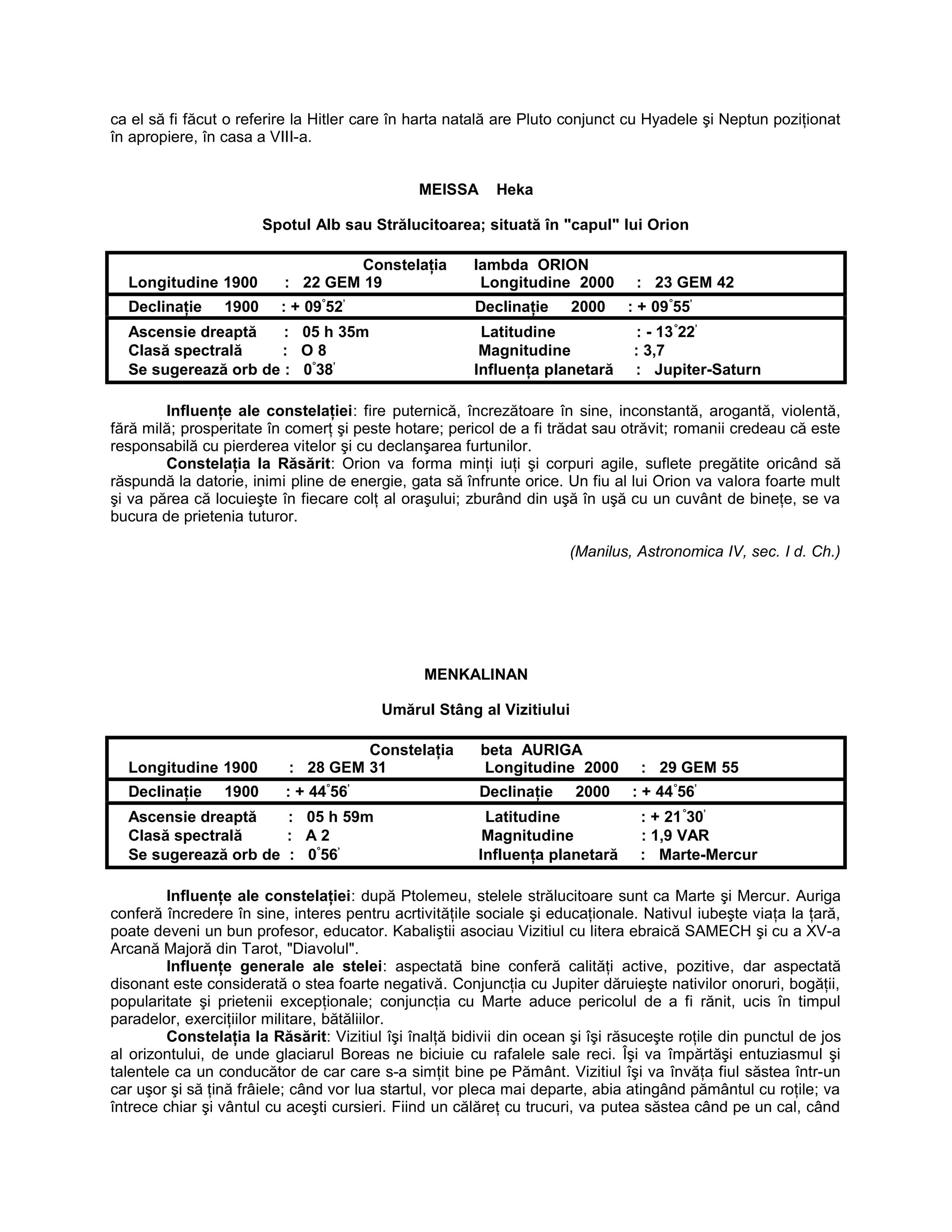 ca el să fi făcut o referire la Hitler care în harta natală are Pluto conjunct cu Hyadele şi Neptun poziţionat
în apropiere, în casa a VIII-a.
MEISSA Heka
Spotul Alb sau Strălucitoarea; situată în "capul" lui Orion
Constelaţia lambda ORION
Longitudine 1900 : 22 GEM 19 Longitudine 2000 : 23 GEM 42
Declinaţie 1900 : + 09°
52’
Declinaţie 2000 : + 09°
55’
Ascensie dreaptă : 05 h 35m Latitudine : - 13°
22’
Clasă spectrală : O 8 Magnitudine : 3,7
Se sugerează orb de : 0°
38’
Influenţa planetară : Jupiter-Saturn
Influenţe ale constelaţiei: fire puternică, încrezătoare în sine, inconstantă, arogantă, violentă,
fără milă; prosperitate în comerţ şi peste hotare; pericol de a fi trădat sau otrăvit; romanii credeau că este
responsabilă cu pierderea vitelor şi cu declanşarea furtunilor.
Constelaţia la Răsărit: Orion va forma minţi iuţi şi corpuri agile, suflete pregătite oricând să
răspundă la datorie, inimi pline de energie, gata să înfrunte orice. Un fiu al lui Orion va valora foarte mult
şi va părea că locuieşte în fiecare colţ al oraşului; zburând din uşă în uşă cu un cuvânt de bineţe, se va
bucura de prietenia tuturor.
(Manilus, Astronomica IV, sec. I d. Ch.)
MENKALINAN
Umărul Stâng al Vizitiului
Constelaţia beta AURIGA
Longitudine 1900 : 28 GEM 31 Longitudine 2000 : 29 GEM 55
Declinaţie 1900 : + 44°
56’
Declinaţie 2000 : + 44°
56’
Ascensie dreaptă : 05 h 59m Latitudine : + 21°
30’
Clasă spectrală : A 2 Magnitudine : 1,9 VAR
Se sugerează orb de : 0°
56’
Influenţa planetară : Marte-Mercur
Influenţe ale constelaţiei: după Ptolemeu, stelele strălucitoare sunt ca Marte şi Mercur. Auriga
conferă încredere în sine, interes pentru acrtivităţile sociale şi educaţionale. Nativul iubeşte viaţa la ţară,
poate deveni un bun profesor, educator. Kabaliştii asociau Vizitiul cu litera ebraică SAMECH şi cu a XV-a
Arcană Majoră din Tarot, "Diavolul".
Influenţe generale ale stelei: aspectată bine conferă calităţi active, pozitive, dar aspectată
disonant este considerată o stea foarte negativă. Conjuncţia cu Jupiter dăruieşte nativilor onoruri, bogăţii,
popularitate şi prietenii excepţionale; conjuncţia cu Marte aduce pericolul de a fi rănit, ucis în timpul
paradelor, exerciţiilor militare, bătăliilor.
Constelaţia la Răsărit: Vizitiul îşi înalţă bidivii din ocean şi îşi răsuceşte roţile din punctul de jos
al orizontului, de unde glaciarul Boreas ne biciuie cu rafalele sale reci. Îşi va împărtăşi entuziasmul şi
talentele ca un conducător de car care s-a simţit bine pe Pământ. Vizitiul îşi va învăţa fiul săstea într-un
car uşor şi să ţină frâiele; când vor lua startul, vor pleca mai departe, abia atingând pământul cu roţile; va
întrece chiar şi vântul cu aceşti cursieri. Fiind un călăreţ cu trucuri, va putea săstea când pe un cal, când
 