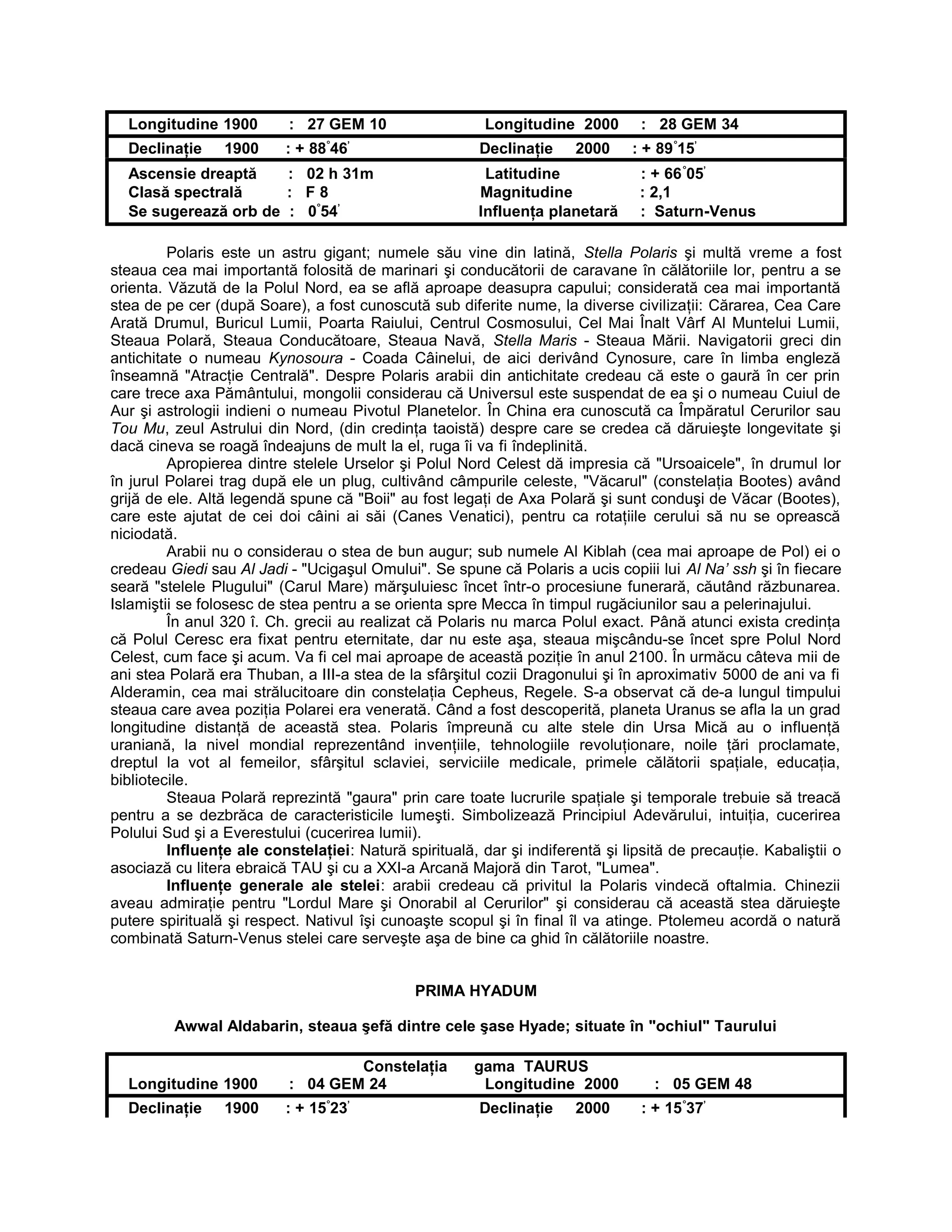 Longitudine 1900 : 27 GEM 10 Longitudine 2000 : 28 GEM 34
Declinaţie 1900 : + 88°
46’
Declinaţie 2000 : + 89°
15’
Ascensie dreaptă : 02 h 31m Latitudine : + 66°
05’
Clasă spectrală : F 8 Magnitudine : 2,1
Se sugerează orb de : 0°
54’
Influenţa planetară : Saturn-Venus
Polaris este un astru gigant; numele său vine din latină, Stella Polaris şi multă vreme a fost
steaua cea mai importantă folosită de marinari şi conducătorii de caravane în călătoriile lor, pentru a se
orienta. Văzută de la Polul Nord, ea se află aproape deasupra capului; considerată cea mai importantă
stea de pe cer (după Soare), a fost cunoscută sub diferite nume, la diverse civilizaţii: Cărarea, Cea Care
Arată Drumul, Buricul Lumii, Poarta Raiului, Centrul Cosmosului, Cel Mai Înalt Vârf Al Muntelui Lumii,
Steaua Polară, Steaua Conducătoare, Steaua Navă, Stella Maris - Steaua Mării. Navigatorii greci din
antichitate o numeau Kynosoura - Coada Câinelui, de aici derivând Cynosure, care în limba engleză
înseamnă "Atracţie Centrală". Despre Polaris arabii din antichitate credeau că este o gaură în cer prin
care trece axa Pământului, mongolii considerau că Universul este suspendat de ea şi o numeau Cuiul de
Aur şi astrologii indieni o numeau Pivotul Planetelor. În China era cunoscută ca Împăratul Cerurilor sau
Tou Mu, zeul Astrului din Nord, (din credinţa taoistă) despre care se credea că dăruieşte longevitate şi
dacă cineva se roagă îndeajuns de mult la el, ruga îi va fi îndeplinită.
Apropierea dintre stelele Urselor şi Polul Nord Celest dă impresia că "Ursoaicele", în drumul lor
în jurul Polarei trag după ele un plug, cultivând câmpurile celeste, "Văcarul" (constelaţia Bootes) având
grijă de ele. Altă legendă spune că "Boii" au fost legaţi de Axa Polară şi sunt conduşi de Văcar (Bootes),
care este ajutat de cei doi câini ai săi (Canes Venatici), pentru ca rotaţiile cerului să nu se oprească
niciodată.
Arabii nu o considerau o stea de bun augur; sub numele Al Kiblah (cea mai aproape de Pol) ei o
credeau Giedi sau Al Jadi - "Ucigaşul Omului". Se spune că Polaris a ucis copiii lui Al Na’ ssh şi în fiecare
seară "stelele Plugului" (Carul Mare) mărşuluiesc încet într-o procesiune funerară, căutând răzbunarea.
Islamiştii se folosesc de stea pentru a se orienta spre Mecca în timpul rugăciunilor sau a pelerinajului.
În anul 320 î. Ch. grecii au realizat că Polaris nu marca Polul exact. Până atunci exista credinţa
că Polul Ceresc era fixat pentru eternitate, dar nu este aşa, steaua mişcându-se încet spre Polul Nord
Celest, cum face şi acum. Va fi cel mai aproape de această poziţie în anul 2100. În urmăcu câteva mii de
ani stea Polară era Thuban, a III-a stea de la sfârşitul cozii Dragonului şi în aproximativ 5000 de ani va fi
Alderamin, cea mai strălucitoare din constelaţia Cepheus, Regele. S-a observat că de-a lungul timpului
steaua care avea poziţia Polarei era venerată. Când a fost descoperită, planeta Uranus se afla la un grad
longitudine distanţă de această stea. Polaris împreună cu alte stele din Ursa Mică au o influenţă
uraniană, la nivel mondial reprezentând invenţiile, tehnologiile revoluţionare, noile ţări proclamate,
dreptul la vot al femeilor, sfârşitul sclaviei, serviciile medicale, primele călătorii spaţiale, educaţia,
bibliotecile.
Steaua Polară reprezintă "gaura" prin care toate lucrurile spaţiale şi temporale trebuie să treacă
pentru a se dezbrăca de caracteristicile lumeşti. Simbolizează Principiul Adevărului, intuiţia, cucerirea
Polului Sud şi a Everestului (cucerirea lumii).
Influenţe ale constelaţiei: Natură spirituală, dar şi indiferentă şi lipsită de precauţie. Kabaliştii o
asociază cu litera ebraică TAU şi cu a XXI-a Arcană Majoră din Tarot, "Lumea".
Influenţe generale ale stelei: arabii credeau că privitul la Polaris vindecă oftalmia. Chinezii
aveau admiraţie pentru "Lordul Mare şi Onorabil al Cerurilor" şi considerau că această stea dăruieşte
putere spirituală şi respect. Nativul îşi cunoaşte scopul şi în final îl va atinge. Ptolemeu acordă o natură
combinată Saturn-Venus stelei care serveşte aşa de bine ca ghid în călătoriile noastre.
PRIMA HYADUM
Awwal Aldabarin, steaua şefă dintre cele şase Hyade; situate în "ochiul" Taurului
Constelaţia gama TAURUS
Longitudine 1900 : 04 GEM 24 Longitudine 2000 : 05 GEM 48
Declinaţie 1900 : + 15°
23’
Declinaţie 2000 : + 15°
37’
 