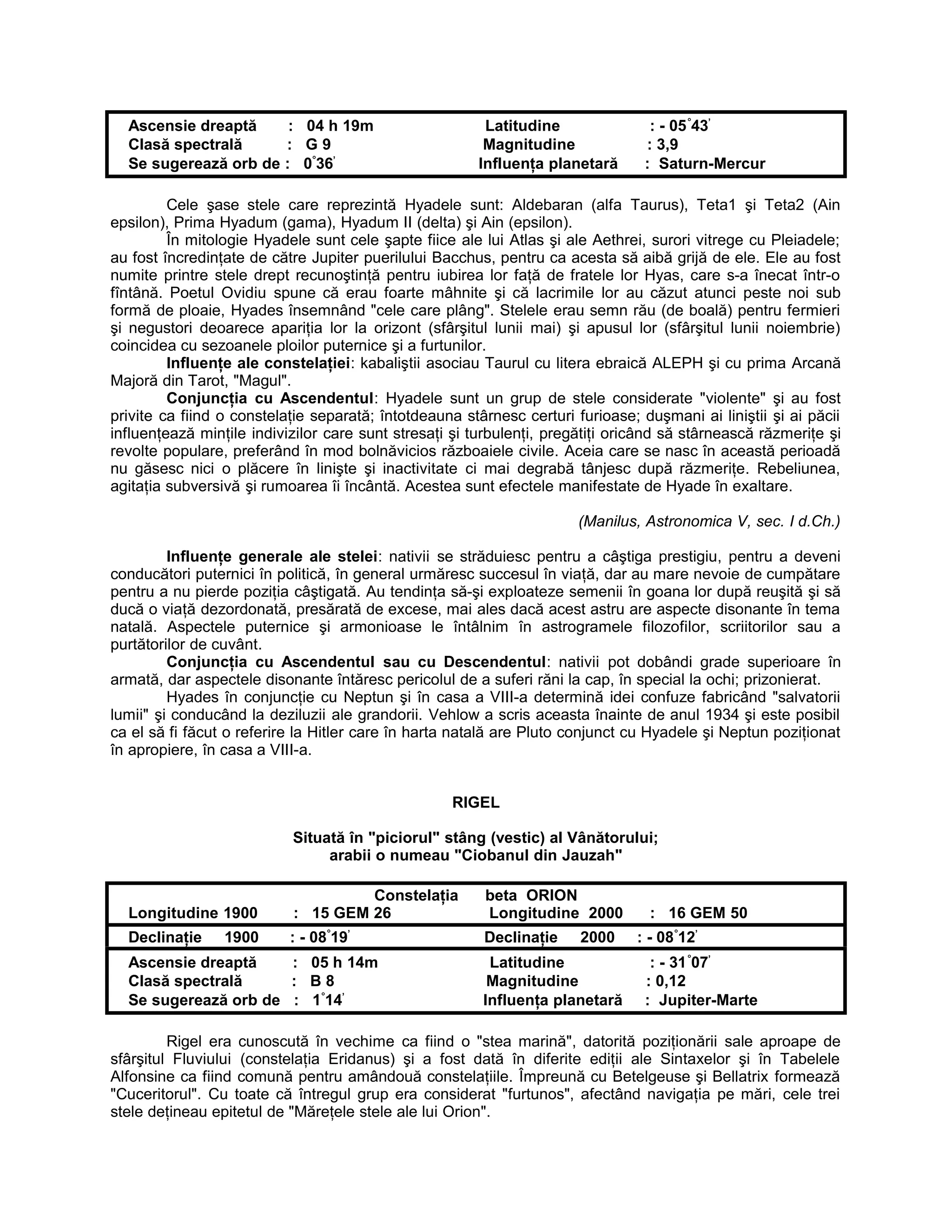 Ascensie dreaptă : 04 h 19m Latitudine : - 05°
43’
Clasă spectrală : G 9 Magnitudine : 3,9
Se sugerează orb de : 0°
36’
Influenţa planetară : Saturn-Mercur
Cele şase stele care reprezintă Hyadele sunt: Aldebaran (alfa Taurus), Teta1 şi Teta2 (Ain
epsilon), Prima Hyadum (gama), Hyadum II (delta) şi Ain (epsilon).
În mitologie Hyadele sunt cele şapte fiice ale lui Atlas şi ale Aethrei, surori vitrege cu Pleiadele;
au fost încredinţate de către Jupiter puerilului Bacchus, pentru ca acesta să aibă grijă de ele. Ele au fost
numite printre stele drept recunoştinţă pentru iubirea lor faţă de fratele lor Hyas, care s-a înecat într-o
fîntână. Poetul Ovidiu spune că erau foarte mâhnite şi că lacrimile lor au căzut atunci peste noi sub
formă de ploaie, Hyades însemnând "cele care plâng". Stelele erau semn rău (de boală) pentru fermieri
şi negustori deoarece apariţia lor la orizont (sfârşitul lunii mai) şi apusul lor (sfârşitul lunii noiembrie)
coincidea cu sezoanele ploilor puternice şi a furtunilor.
Influenţe ale constelaţiei: kabaliştii asociau Taurul cu litera ebraică ALEPH şi cu prima Arcană
Majoră din Tarot, "Magul".
Conjuncţia cu Ascendentul: Hyadele sunt un grup de stele considerate "violente" şi au fost
privite ca fiind o constelaţie separată; întotdeauna stârnesc certuri furioase; duşmani ai liniştii şi ai păcii
influenţează minţile indivizilor care sunt stresaţi şi turbulenţi, pregătiţi oricând să stârnească răzmeriţe şi
revolte populare, preferând în mod bolnăvicios războaiele civile. Aceia care se nasc în această perioadă
nu găsesc nici o plăcere în linişte şi inactivitate ci mai degrabă tânjesc după răzmeriţe. Rebeliunea,
agitaţia subversivă şi rumoarea îi încântă. Acestea sunt efectele manifestate de Hyade în exaltare.
(Manilus, Astronomica V, sec. I d.Ch.)
Influenţe generale ale stelei: nativii se străduiesc pentru a câştiga prestigiu, pentru a deveni
conducători puternici în politică, în general urmăresc succesul în viaţă, dar au mare nevoie de cumpătare
pentru a nu pierde poziţia câştigată. Au tendinţa să-şi exploateze semenii în goana lor după reuşită şi să
ducă o viaţă dezordonată, presărată de excese, mai ales dacă acest astru are aspecte disonante în tema
natală. Aspectele puternice şi armonioase le întâlnim în astrogramele filozofilor, scriitorilor sau a
purtătorilor de cuvânt.
Conjuncţia cu Ascendentul sau cu Descendentul: nativii pot dobândi grade superioare în
armată, dar aspectele disonante întăresc pericolul de a suferi răni la cap, în special la ochi; prizonierat.
Hyades în conjuncţie cu Neptun şi în casa a VIII-a determină idei confuze fabricând "salvatorii
lumii" şi conducând la deziluzii ale grandorii. Vehlow a scris aceasta înainte de anul 1934 şi este posibil
ca el să fi făcut o referire la Hitler care în harta natală are Pluto conjunct cu Hyadele şi Neptun poziţionat
în apropiere, în casa a VIII-a.
RIGEL
Situată în "piciorul" stâng (vestic) al Vânătorului;
arabii o numeau "Ciobanul din Jauzah"
Constelaţia beta ORION
Longitudine 1900 : 15 GEM 26 Longitudine 2000 : 16 GEM 50
Declinaţie 1900 : - 08°
19’
Declinaţie 2000 : - 08°
12’
Ascensie dreaptă : 05 h 14m Latitudine : - 31°
07’
Clasă spectrală : B 8 Magnitudine : 0,12
Se sugerează orb de : 1°
14’
Influenţa planetară : Jupiter-Marte
Rigel era cunoscută în vechime ca fiind o "stea marină", datorită poziţionării sale aproape de
sfârşitul Fluviului (constelaţia Eridanus) şi a fost dată în diferite ediţii ale Sintaxelor şi în Tabelele
Alfonsine ca fiind comună pentru amândouă constelaţiile. Împreună cu Betelgeuse şi Bellatrix formează
"Cuceritorul". Cu toate că întregul grup era considerat "furtunos", afectând navigaţia pe mări, cele trei
stele deţineau epitetul de "Măreţele stele ale lui Orion".
 