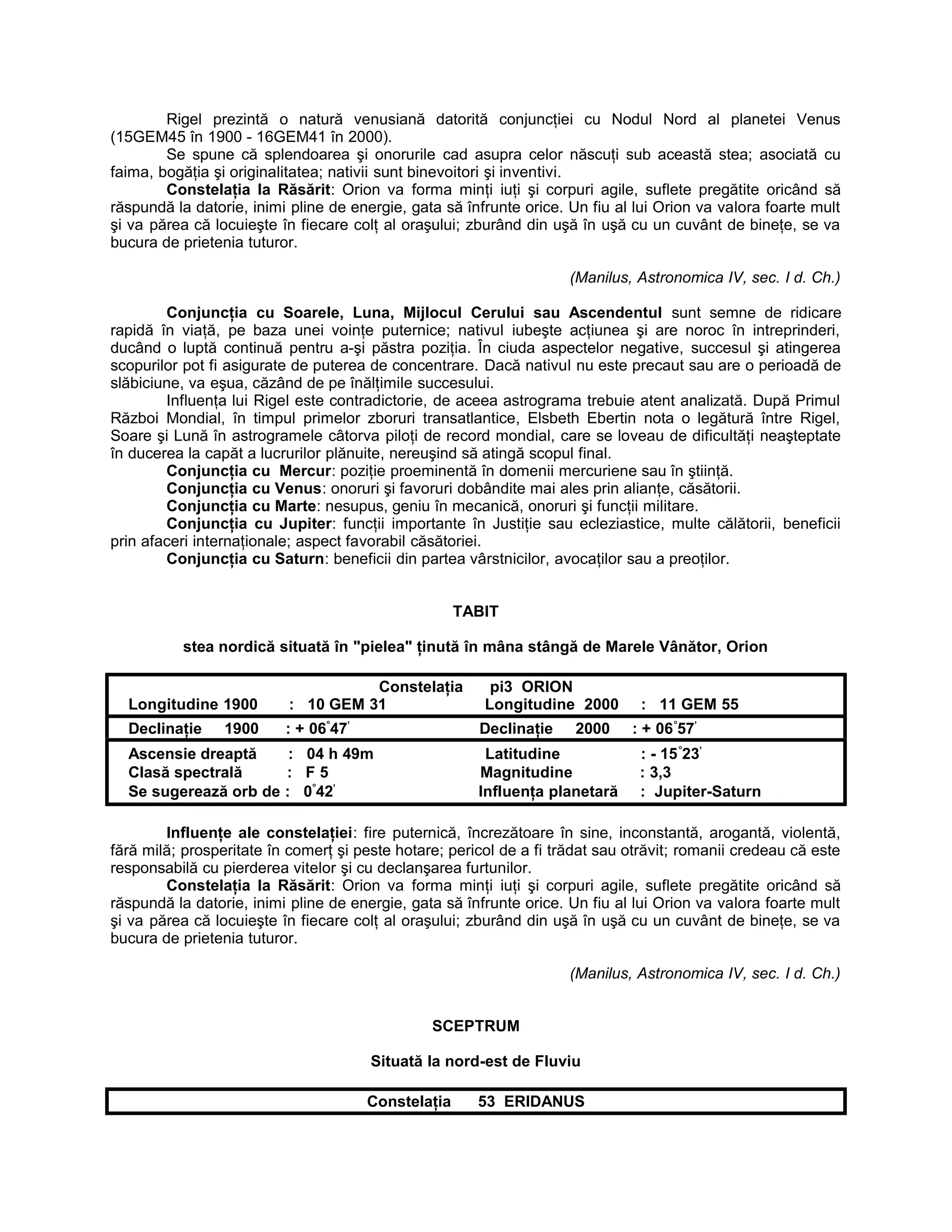 Rigel prezintă o natură venusiană datorită conjuncţiei cu Nodul Nord al planetei Venus
(15GEM45 în 1900 - 16GEM41 în 2000).
Se spune că splendoarea şi onorurile cad asupra celor născuţi sub această stea; asociată cu
faima, bogăţia şi originalitatea; nativii sunt binevoitori şi inventivi.
Constelaţia la Răsărit: Orion va forma minţi iuţi şi corpuri agile, suflete pregătite oricând să
răspundă la datorie, inimi pline de energie, gata să înfrunte orice. Un fiu al lui Orion va valora foarte mult
şi va părea că locuieşte în fiecare colţ al oraşului; zburând din uşă în uşă cu un cuvânt de bineţe, se va
bucura de prietenia tuturor.
(Manilus, Astronomica IV, sec. I d. Ch.)
Conjuncţia cu Soarele, Luna, Mijlocul Cerului sau Ascendentul sunt semne de ridicare
rapidă în viaţă, pe baza unei voinţe puternice; nativul iubeşte acţiunea şi are noroc în intreprinderi,
ducând o luptă continuă pentru a-şi păstra poziţia. În ciuda aspectelor negative, succesul şi atingerea
scopurilor pot fi asigurate de puterea de concentrare. Dacă nativul nu este precaut sau are o perioadă de
slăbiciune, va eşua, căzând de pe înălţimile succesului.
Influenţa lui Rigel este contradictorie, de aceea astrograma trebuie atent analizată. După Primul
Război Mondial, în timpul primelor zboruri transatlantice, Elsbeth Ebertin nota o legătură între Rigel,
Soare şi Lună în astrogramele câtorva piloţi de record mondial, care se loveau de dificultăţi neaşteptate
în ducerea la capăt a lucrurilor plănuite, nereuşind să atingă scopul final.
Conjuncţia cu Mercur: poziţie proeminentă în domenii mercuriene sau în ştiinţă.
Conjuncţia cu Venus: onoruri şi favoruri dobândite mai ales prin alianţe, căsătorii.
Conjuncţia cu Marte: nesupus, geniu în mecanică, onoruri şi funcţii militare.
Conjuncţia cu Jupiter: funcţii importante în Justiţie sau ecleziastice, multe călătorii, beneficii
prin afaceri internaţionale; aspect favorabil căsătoriei.
Conjuncţia cu Saturn: beneficii din partea vârstnicilor, avocaţilor sau a preoţilor.
TABIT
stea nordică situată în "pielea" ţinută în mâna stângă de Marele Vânător, Orion
Constelaţia pi3 ORION
Longitudine 1900 : 10 GEM 31 Longitudine 2000 : 11 GEM 55
Declinaţie 1900 : + 06°
47’
Declinaţie 2000 : + 06°
57’
Ascensie dreaptă : 04 h 49m Latitudine : - 15°
23’
Clasă spectrală : F 5 Magnitudine : 3,3
Se sugerează orb de : 0°
42’
Influenţa planetară : Jupiter-Saturn
Influenţe ale constelaţiei: fire puternică, încrezătoare în sine, inconstantă, arogantă, violentă,
fără milă; prosperitate în comerţ şi peste hotare; pericol de a fi trădat sau otrăvit; romanii credeau că este
responsabilă cu pierderea vitelor şi cu declanşarea furtunilor.
Constelaţia la Răsărit: Orion va forma minţi iuţi şi corpuri agile, suflete pregătite oricând să
răspundă la datorie, inimi pline de energie, gata să înfrunte orice. Un fiu al lui Orion va valora foarte mult
şi va părea că locuieşte în fiecare colţ al oraşului; zburând din uşă în uşă cu un cuvânt de bineţe, se va
bucura de prietenia tuturor.
(Manilus, Astronomica IV, sec. I d. Ch.)
SCEPTRUM
Situată la nord-est de Fluviu
Constelaţia 53 ERIDANUS
 