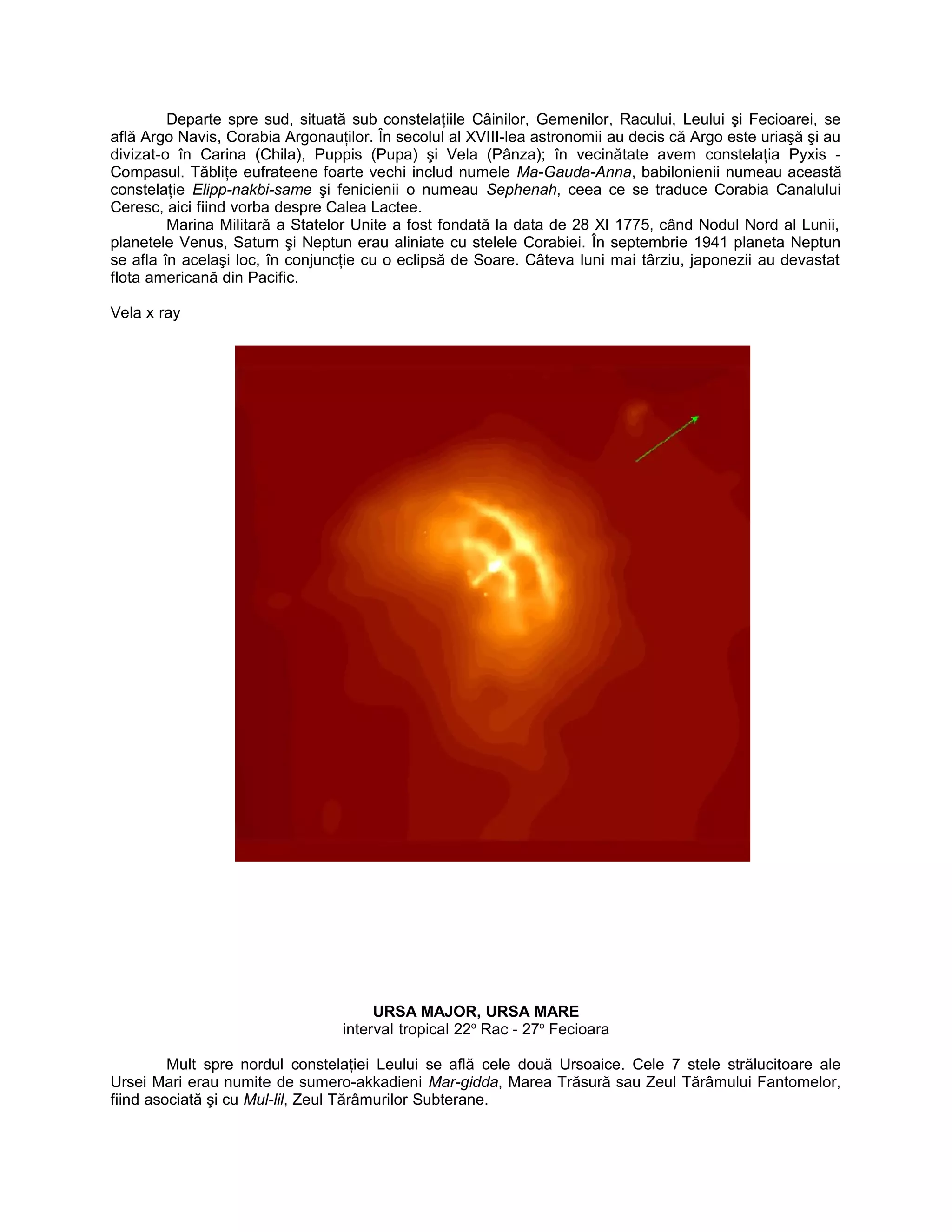 Departe spre sud, situată sub constelaţiile Câinilor, Gemenilor, Racului, Leului şi Fecioarei, se
află Argo Navis, Corabia Argonauţilor. În secolul al XVIII-lea astronomii au decis că Argo este uriaşă şi au
divizat-o în Carina (Chila), Puppis (Pupa) şi Vela (Pânza); în vecinătate avem constelaţia Pyxis -
Compasul. Tăbliţe eufrateene foarte vechi includ numele Ma-Gauda-Anna, babilonienii numeau această
constelaţie Elipp-nakbi-same şi fenicienii o numeau Sephenah, ceea ce se traduce Corabia Canalului
Ceresc, aici fiind vorba despre Calea Lactee.
Marina Militară a Statelor Unite a fost fondată la data de 28 XI 1775, când Nodul Nord al Lunii,
planetele Venus, Saturn şi Neptun erau aliniate cu stelele Corabiei. În septembrie 1941 planeta Neptun
se afla în acelaşi loc, în conjuncţie cu o eclipsă de Soare. Câteva luni mai târziu, japonezii au devastat
flota americană din Pacific.
Vela x ray
URSA MAJOR, URSA MARE
interval tropical 22o
Rac - 27o
Fecioara
Mult spre nordul constelaţiei Leului se află cele două Ursoaice. Cele 7 stele strălucitoare ale
Ursei Mari erau numite de sumero-akkadieni Mar-gidda, Marea Trăsură sau Zeul Tărâmului Fantomelor,
fiind asociată şi cu Mul-lil, Zeul Tărâmurilor Subterane.
 