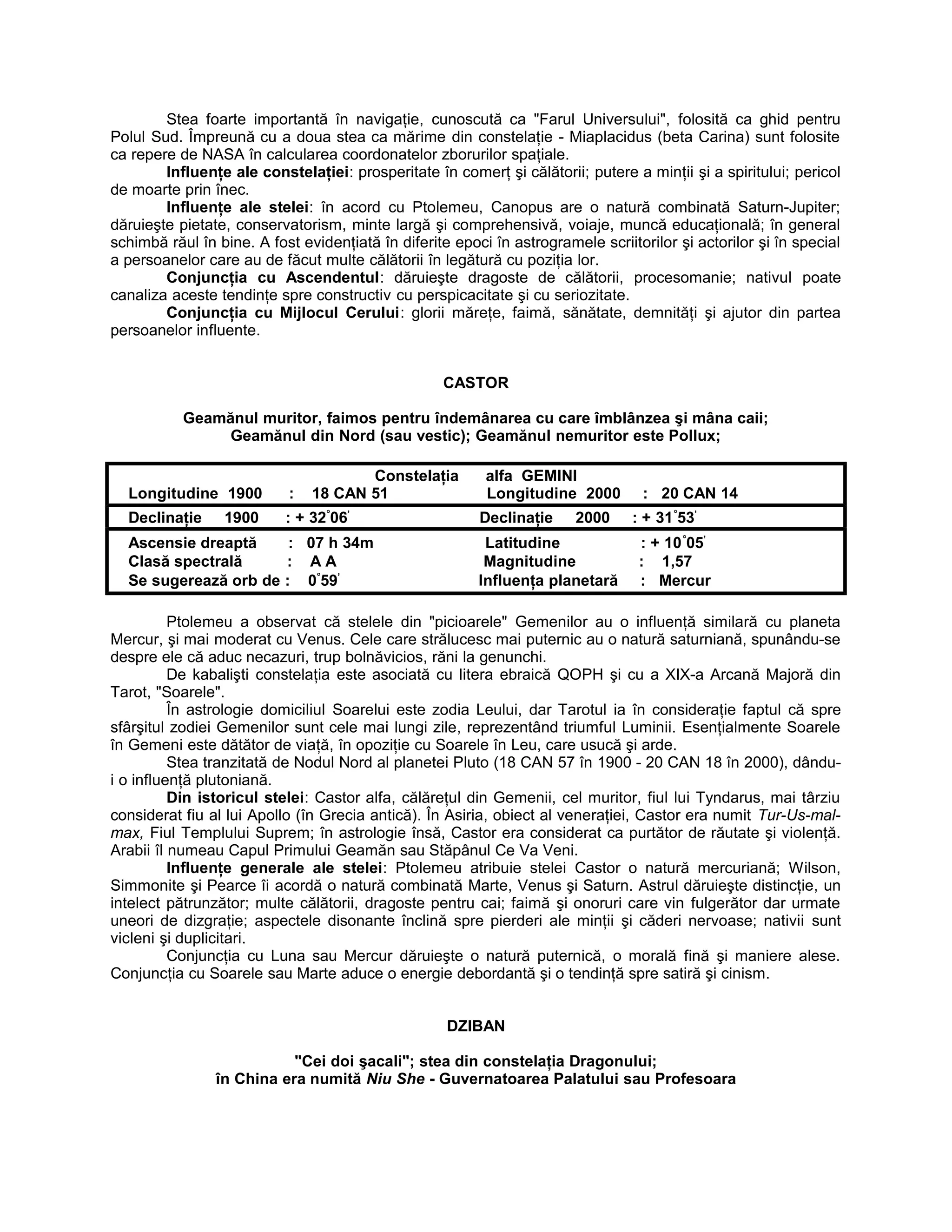 Stea foarte importantă în navigaţie, cunoscută ca "Farul Universului", folosită ca ghid pentru
Polul Sud. Împreună cu a doua stea ca mărime din constelaţie - Miaplacidus (beta Carina) sunt folosite
ca repere de NASA în calcularea coordonatelor zborurilor spaţiale.
Influenţe ale constelaţiei: prosperitate în comerţ şi călătorii; putere a minţii şi a spiritului; pericol
de moarte prin înec.
Influenţe ale stelei: în acord cu Ptolemeu, Canopus are o natură combinată Saturn-Jupiter;
dăruieşte pietate, conservatorism, minte largă şi comprehensivă, voiaje, muncă educaţională; în general
schimbă răul în bine. A fost evidenţiată în diferite epoci în astrogramele scriitorilor şi actorilor şi în special
a persoanelor care au de făcut multe călătorii în legătură cu poziţia lor.
Conjuncţia cu Ascendentul: dăruieşte dragoste de călătorii, procesomanie; nativul poate
canaliza aceste tendinţe spre constructiv cu perspicacitate şi cu seriozitate.
Conjuncţia cu Mijlocul Cerului: glorii măreţe, faimă, sănătate, demnităţi şi ajutor din partea
persoanelor influente.
CASTOR
Geamănul muritor, faimos pentru îndemânarea cu care îmblânzea şi mâna caii;
Geamănul din Nord (sau vestic); Geamănul nemuritor este Pollux;
Constelaţia alfa GEMINI
Longitudine 1900 : 18 CAN 51 Longitudine 2000 : 20 CAN 14
Declinaţie 1900 : + 32°
06’
Declinaţie 2000 : + 31°
53’
Ascensie dreaptă : 07 h 34m Latitudine : + 10°
05’
Clasă spectrală : A A Magnitudine : 1,57
Se sugerează orb de : 0°
59’
Influenţa planetară : Mercur
Ptolemeu a observat că stelele din "picioarele" Gemenilor au o influenţă similară cu planeta
Mercur, şi mai moderat cu Venus. Cele care strălucesc mai puternic au o natură saturniană, spunându-se
despre ele că aduc necazuri, trup bolnăvicios, răni la genunchi.
De kabalişti constelaţia este asociată cu litera ebraică QOPH şi cu a XIX-a Arcană Majoră din
Tarot, "Soarele".
În astrologie domiciliul Soarelui este zodia Leului, dar Tarotul ia în consideraţie faptul că spre
sfârşitul zodiei Gemenilor sunt cele mai lungi zile, reprezentând triumful Luminii. Esenţialmente Soarele
în Gemeni este dătător de viaţă, în opoziţie cu Soarele în Leu, care usucă şi arde.
Stea tranzitată de Nodul Nord al planetei Pluto (18 CAN 57 în 1900 - 20 CAN 18 în 2000), dându-
i o influenţă plutoniană.
Din istoricul stelei: Castor alfa, călăreţul din Gemenii, cel muritor, fiul lui Tyndarus, mai târziu
considerat fiu al lui Apollo (în Grecia antică). În Asiria, obiect al veneraţiei, Castor era numit Tur-Us-mal-
max, Fiul Templului Suprem; în astrologie însă, Castor era considerat ca purtător de răutate şi violenţă.
Arabii îl numeau Capul Primului Geamăn sau Stăpânul Ce Va Veni.
Influenţe generale ale stelei: Ptolemeu atribuie stelei Castor o natură mercuriană; Wilson,
Simmonite şi Pearce îi acordă o natură combinată Marte, Venus şi Saturn. Astrul dăruieşte distincţie, un
intelect pătrunzător; multe călătorii, dragoste pentru cai; faimă şi onoruri care vin fulgerător dar urmate
uneori de dizgraţie; aspectele disonante înclină spre pierderi ale minţii şi căderi nervoase; nativii sunt
vicleni şi duplicitari.
Conjuncţia cu Luna sau Mercur dăruieşte o natură puternică, o morală fină şi maniere alese.
Conjuncţia cu Soarele sau Marte aduce o energie debordantă şi o tendinţă spre satiră şi cinism.
DZIBAN
"Cei doi şacali"; stea din constelaţia Dragonului;
în China era numită Niu She - Guvernatoarea Palatului sau Profesoara
 
