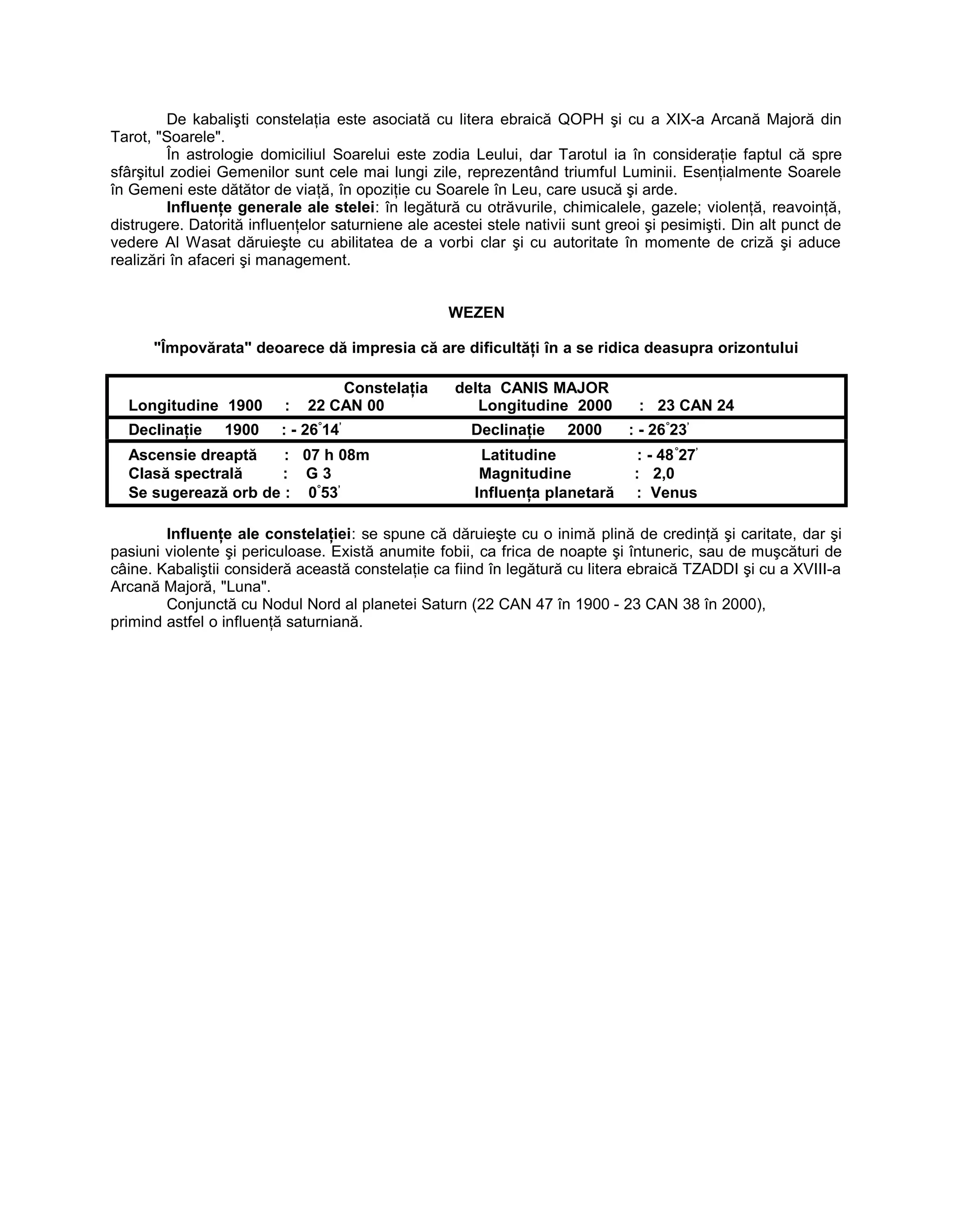 De kabalişti constelaţia este asociată cu litera ebraică QOPH şi cu a XIX-a Arcană Majoră din
Tarot, "Soarele".
În astrologie domiciliul Soarelui este zodia Leului, dar Tarotul ia în consideraţie faptul că spre
sfârşitul zodiei Gemenilor sunt cele mai lungi zile, reprezentând triumful Luminii. Esenţialmente Soarele
în Gemeni este dătător de viaţă, în opoziţie cu Soarele în Leu, care usucă şi arde.
Influenţe generale ale stelei: în legătură cu otrăvurile, chimicalele, gazele; violenţă, reavoinţă,
distrugere. Datorită influenţelor saturniene ale acestei stele nativii sunt greoi şi pesimişti. Din alt punct de
vedere Al Wasat dăruieşte cu abilitatea de a vorbi clar şi cu autoritate în momente de criză şi aduce
realizări în afaceri şi management.
WEZEN
"Împovărata" deoarece dă impresia că are dificultăţi în a se ridica deasupra orizontului
Constelaţia delta CANIS MAJOR
Longitudine 1900 : 22 CAN 00 Longitudine 2000 : 23 CAN 24
Declinaţie 1900 : - 26°
14’
Declinaţie 2000 : - 26°
23’
Ascensie dreaptă : 07 h 08m Latitudine : - 48°
27’
Clasă spectrală : G 3 Magnitudine : 2,0
Se sugerează orb de : 0°
53’
Influenţa planetară : Venus
Influenţe ale constelaţiei: se spune că dăruieşte cu o inimă plină de credinţă şi caritate, dar şi
pasiuni violente şi periculoase. Există anumite fobii, ca frica de noapte şi întuneric, sau de muşcături de
câine. Kabaliştii consideră această constelaţie ca fiind în legătură cu litera ebraică TZADDI şi cu a XVIII-a
Arcană Majoră, "Luna".
Conjunctă cu Nodul Nord al planetei Saturn (22 CAN 47 în 1900 - 23 CAN 38 în 2000),
primind astfel o influenţă saturniană.
 