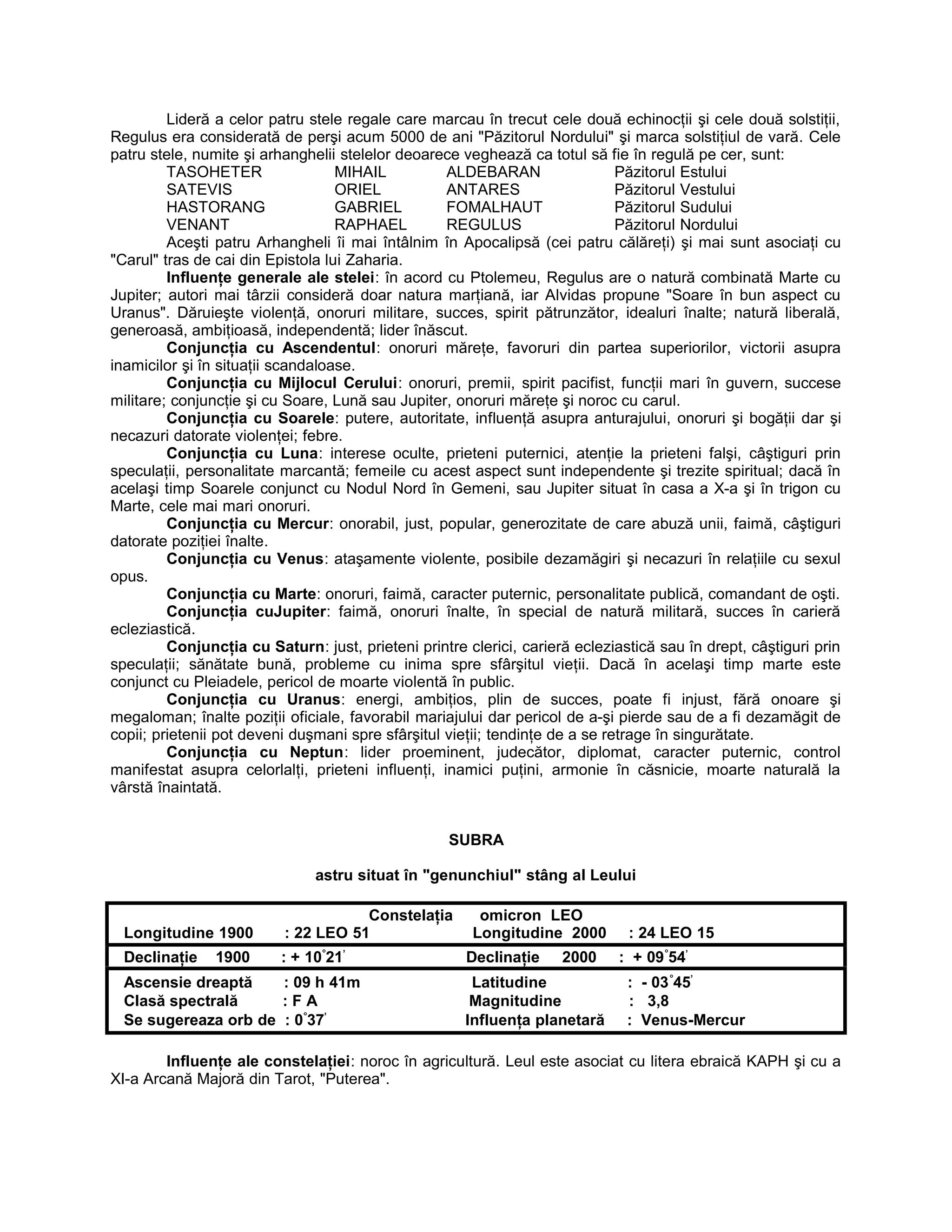 Lideră a celor patru stele regale care marcau în trecut cele două echinocţii şi cele două solstiţii,
Regulus era considerată de perşi acum 5000 de ani "Păzitorul Nordului" şi marca solstiţiul de vară. Cele
patru stele, numite şi arhanghelii stelelor deoarece veghează ca totul să fie în regulă pe cer, sunt:
TASOHETER MIHAIL ALDEBARAN Păzitorul Estului
SATEVIS ORIEL ANTARES Păzitorul Vestului
HASTORANG GABRIEL FOMALHAUT Păzitorul Sudului
VENANT RAPHAEL REGULUS Păzitorul Nordului
Aceşti patru Arhangheli îi mai întâlnim în Apocalipsă (cei patru călăreţi) şi mai sunt asociaţi cu
"Carul" tras de cai din Epistola lui Zaharia.
Influenţe generale ale stelei: în acord cu Ptolemeu, Regulus are o natură combinată Marte cu
Jupiter; autori mai târzii consideră doar natura marţiană, iar Alvidas propune "Soare în bun aspect cu
Uranus". Dăruieşte violenţă, onoruri militare, succes, spirit pătrunzător, idealuri înalte; natură liberală,
generoasă, ambiţioasă, independentă; lider înăscut.
Conjuncţia cu Ascendentul: onoruri măreţe, favoruri din partea superiorilor, victorii asupra
inamicilor şi în situaţii scandaloase.
Conjuncţia cu Mijlocul Cerului: onoruri, premii, spirit pacifist, funcţii mari în guvern, succese
militare; conjuncţie şi cu Soare, Lună sau Jupiter, onoruri măreţe şi noroc cu carul.
Conjuncţia cu Soarele: putere, autoritate, influenţă asupra anturajului, onoruri şi bogăţii dar şi
necazuri datorate violenţei; febre.
Conjuncţia cu Luna: interese oculte, prieteni puternici, atenţie la prieteni falşi, câştiguri prin
speculaţii, personalitate marcantă; femeile cu acest aspect sunt independente şi trezite spiritual; dacă în
acelaşi timp Soarele conjunct cu Nodul Nord în Gemeni, sau Jupiter situat în casa a X-a şi în trigon cu
Marte, cele mai mari onoruri.
Conjuncţia cu Mercur: onorabil, just, popular, generozitate de care abuză unii, faimă, câştiguri
datorate poziţiei înalte.
Conjuncţia cu Venus: ataşamente violente, posibile dezamăgiri şi necazuri în relaţiile cu sexul
opus.
Conjuncţia cu Marte: onoruri, faimă, caracter puternic, personalitate publică, comandant de oşti.
Conjuncţia cuJupiter: faimă, onoruri înalte, în special de natură militară, succes în carieră
ecleziastică.
Conjuncţia cu Saturn: just, prieteni printre clerici, carieră ecleziastică sau în drept, câştiguri prin
speculaţii; sănătate bună, probleme cu inima spre sfârşitul vieţii. Dacă în acelaşi timp marte este
conjunct cu Pleiadele, pericol de moarte violentă în public.
Conjuncţia cu Uranus: energi, ambiţios, plin de succes, poate fi injust, fără onoare şi
megaloman; înalte poziţii oficiale, favorabil mariajului dar pericol de a-şi pierde sau de a fi dezamăgit de
copii; prietenii pot deveni duşmani spre sfârşitul vieţii; tendinţe de a se retrage în singurătate.
Conjuncţia cu Neptun: lider proeminent, judecător, diplomat, caracter puternic, control
manifestat asupra celorlalţi, prieteni influenţi, inamici puţini, armonie în căsnicie, moarte naturală la
vârstă înaintată.
SUBRA
astru situat în "genunchiul" stâng al Leului
Constelaţia omicron LEO
Longitudine 1900 : 22 LEO 51 Longitudine 2000 : 24 LEO 15
Declinaţie 1900 : + 10°
21’
Declinaţie 2000 : + 09°
54’
Ascensie dreaptă : 09 h 41m Latitudine : - 03°
45’
Clasă spectrală : F A Magnitudine : 3,8
Se sugereaza orb de : 0°
37’
Influenţa planetară : Venus-Mercur
Influenţe ale constelaţiei: noroc în agricultură. Leul este asociat cu litera ebraică KAPH şi cu a
XI-a Arcană Majoră din Tarot, "Puterea".
 