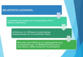 6
ΠΩΣ ΛΕΙΤΟΥΡΓΕΙ Η ΑΣΤΡΟΛΟΓΙΑ;
Το εργαλείο που έχουμε για να εργαστούμε είναι ο
Χάρτης ή Ωροσκόπιο.
Ανάλογα με το τί θέλουμε να ερευνήσουμε
χρησιμοποιούμε και τον κατάλληλο Χάρτη.
Μέσα από αυτόν βλέπουμε τα χαρακτηριστικά μας,
τις ικανότητές μας, την διαδραστικότητά μας με
τους άλλους, καθώς επίσης και τα μελλούμενα.
 