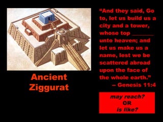 “And they said, Go
to, let us build us a
city and a tower,
whose top ________
unto heaven; and
let us make us a
name, lest we be
scattered abroad
upon the face of
the whole earth.”
-- Genesis 11:4
may reach?
OR
is like?
Ancient
Ziggurat
 