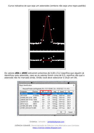 Créditos: Jerbialdo – jerbialdo@gmail.com
CIÊNCIA CIDADÃ: Democratização da Ciência e uma Alternativa aos Cientistas
https://ciencia-cidada.blogspot.com
Curva indicativa de que seja um asteroides (embora não seja uma regra padrão)
Os valores dRA e dDEC estiverem próximos de 0,00 e 0,2 (significa que alguém já
identificou este asteroide, caso se os valores forem cima de 0,2, significa não que o
asteroide não foi marcado ainda. Então você deve selecionar e clicar em Ok.
 