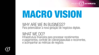 WHY ARE WE IN BUSINESS?
Para potencializar a nova geração de negócios digitais.
WHAT WE DO?
Infraestrutura financeira para processar recebimentos
e pagamentos, controle de cobrançasavulsas e recorrentes,
e acompanhar as métricas de negócio.
MACRO VISION
 