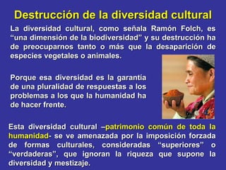 Destrucción de la diversidad cultural
La diversidad cultural, como señala Ramón Folch, es
“una dimensión de la biodiversidad” y su destrucción ha
de preocuparnos tanto o más que la desaparición de
especies vegetales o animales.

Porque esa diversidad es la garantía
de una pluralidad de respuestas a los
problemas a los que la humanidad ha
de hacer frente.

Esta diversidad cultural –patrimonio común de toda la
humanidad- se ve amenazada por la imposición forzada
de formas culturales, consideradas “superiores” o
“verdaderas”, que ignoran la riqueza que supone la
diversidad y mestizaje.
 