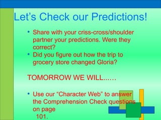 FOCUS QUESTION Read to find out...How does a trip to the  supermarket change Gloria?NOW…you will read along as we listen to...