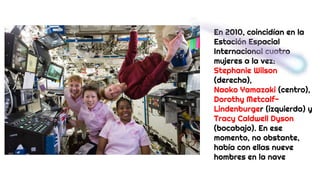 En 2010, coincidían en la
Estación Espacial
Internacional cuatro
mujeres a la vez:
Stephanie Wilson
(derecha),
Naoko Yamazaki (centro),
Dorothy Metcalf-
Lindenburger (izquierda) y
Tracy Caldwell Dyson
(bocabajo). En ese
momento, no obstante,
había con ellas nueve
hombres en la nave
 
