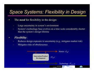 Space Systems: Flexibility in Design 
• The need for flexibility in the design: 
– Large uncertainty in system’s environment 
– System’s technology base evolves on a time scale considerably shorter 
than the system’s design lifetime 
• Flexibility: 
– Reduces design exposure to uncertainty (e.g., mitigates market risk) 
– Mitigates risks of obsolescence 
Market 
Technology 
Innovation/Product 
Development (TDL) 
(TM) 
(Ttech, I) 
 
