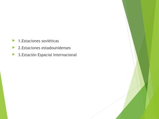  1.Estaciones soviéticas
 2.Estaciones estadounidenses
 3.Estación Espacial Internacional
 