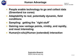 Section 2
CB/John Grunsfeld
Exploration Blueprint
NASA Internal use only 29-Oct-02
Human Advantage
People enable technology to go and collect data
(Greenland ice cores)
Adaptability to real, potentially dynamic, field
conditions
Sampling: getting the ‘right stuff’
Gaining new vantage points, nimbly, and rapidly,
and most interesting
Human(in-situ)/Human (extended) interaction
 