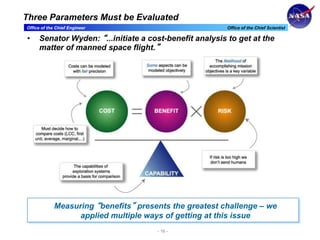 Office of the Chief Engineer Office of the Chief Scientist
- 16 -
Three Parameters Must be Evaluated
• Senator Wyden: “...initiate a cost-benefit analysis to get at the
matter of manned space flight.”
Measuring “benefits” presents the greatest challenge – we
applied multiple ways of getting at this issue
 