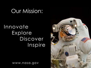 Innovate
Explore
Discover
Inspire
www.nasa.gov
Our Mission:
 