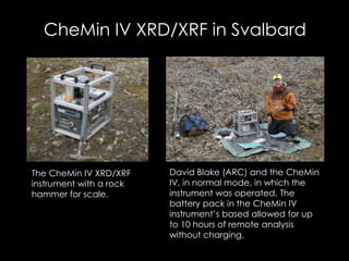CheMin IV XRD/XRF in Svalbard
The CheMin IV XRD/XRF
instrument with a rock
hammer for scale.
David Blake (ARC) and the CheMin
IV, in normal mode, in which the
instrument was operated. The
battery pack in the CheMin IV
instrument’s based allowed for up
to 10 hours of remote analysis
without charging.
 
