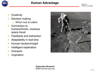 Section 2
CB/John Grunsfeld
Exploration Blueprint
NASA Internal use only 29-Oct-02
Creativity
Decision making
Which rock to collect
Connection to
humans/home, vicarious
space travel
Feedback and redirection
Adaptability in real time
Human intuition/insight
Intelligent exploration
Outreach
Inspiration
Human Advantage
 
