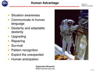 Section 2
CB/John Grunsfeld
Exploration Blueprint
NASA Internal use only 29-Oct-02
Human Advantage
Situation awareness
Communicate in human
language
Dexterity and adaptable
dexterity
Upgrading
Repairing
Survival
Pattern recognition
Expect the unexpected
Human anticipation
 