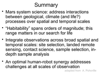 Summary
• Mars system science: address interactions
between geological, climate (and life?)
processes over spatial and temporal scales
• “Habitability” spans orders of magnitude; this
range matters in our search for life
• Integrate observations across broad spatial and
temporal scales: site selection, landed remote
sensing, contact science, sample selection, in-
depth sample analysis
• An optimal human-robot synergy addresses
challenges at all scales of observation
adapted from A. Pohorille
 